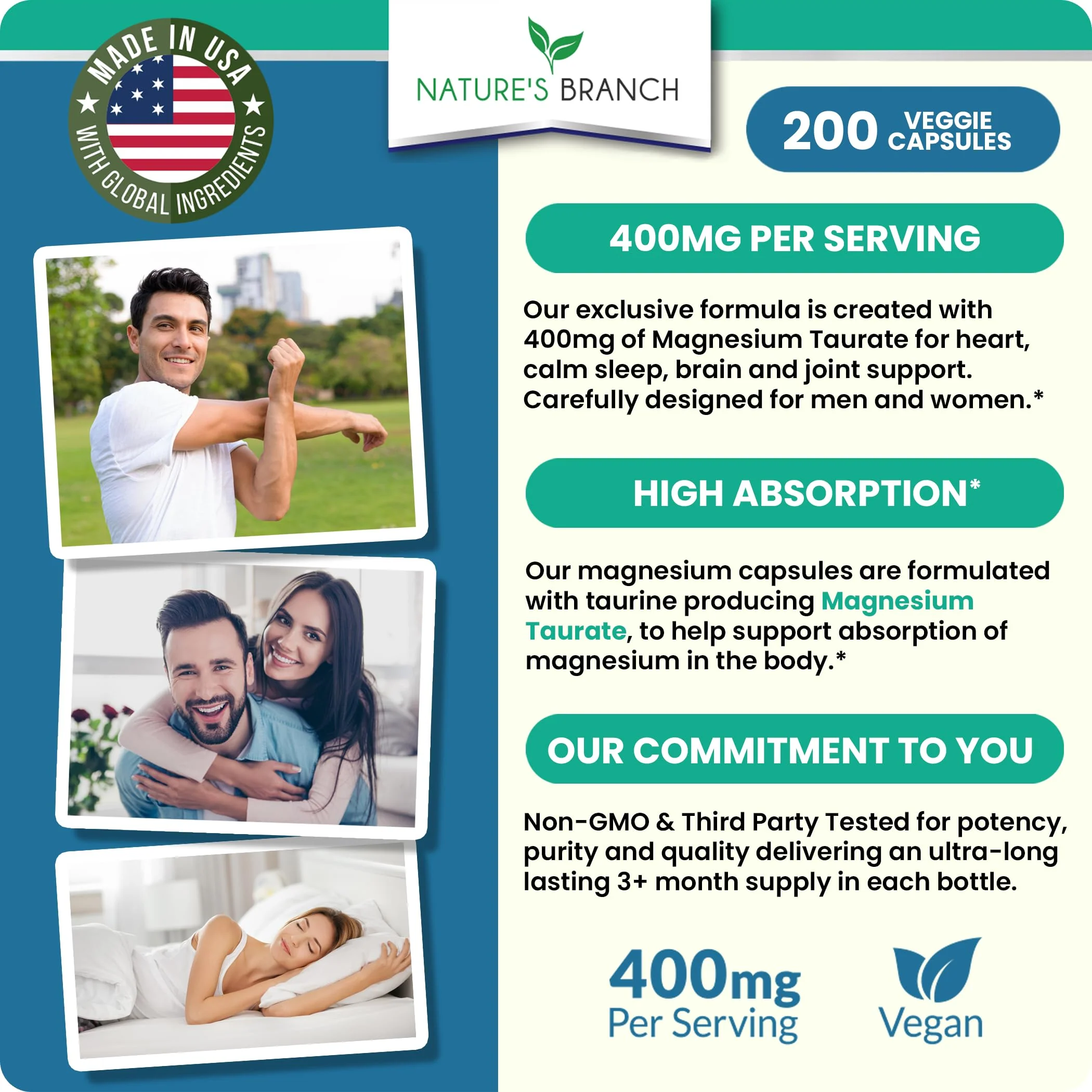 Magnesium Taurate 400mg | High Absorption | 200 Capsules for Sleep, Heart Health, Calm, Joint Supplement for Women and Men | Pure Elemental Mag Powder Plus Taurine - Extra Strength Pills - Image 6