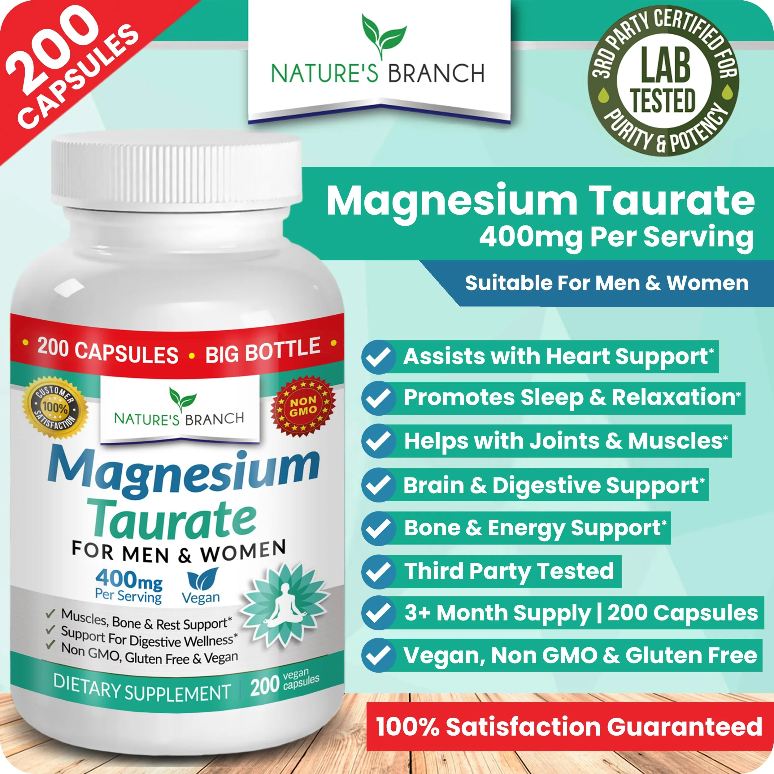 Magnesium Taurate 400mg | High Absorption | 200 Capsules for Sleep, Heart Health, Calm, Joint Supplement for Women and Men | Pure Elemental Mag Powder Plus Taurine - Extra Strength Pills - Image 8