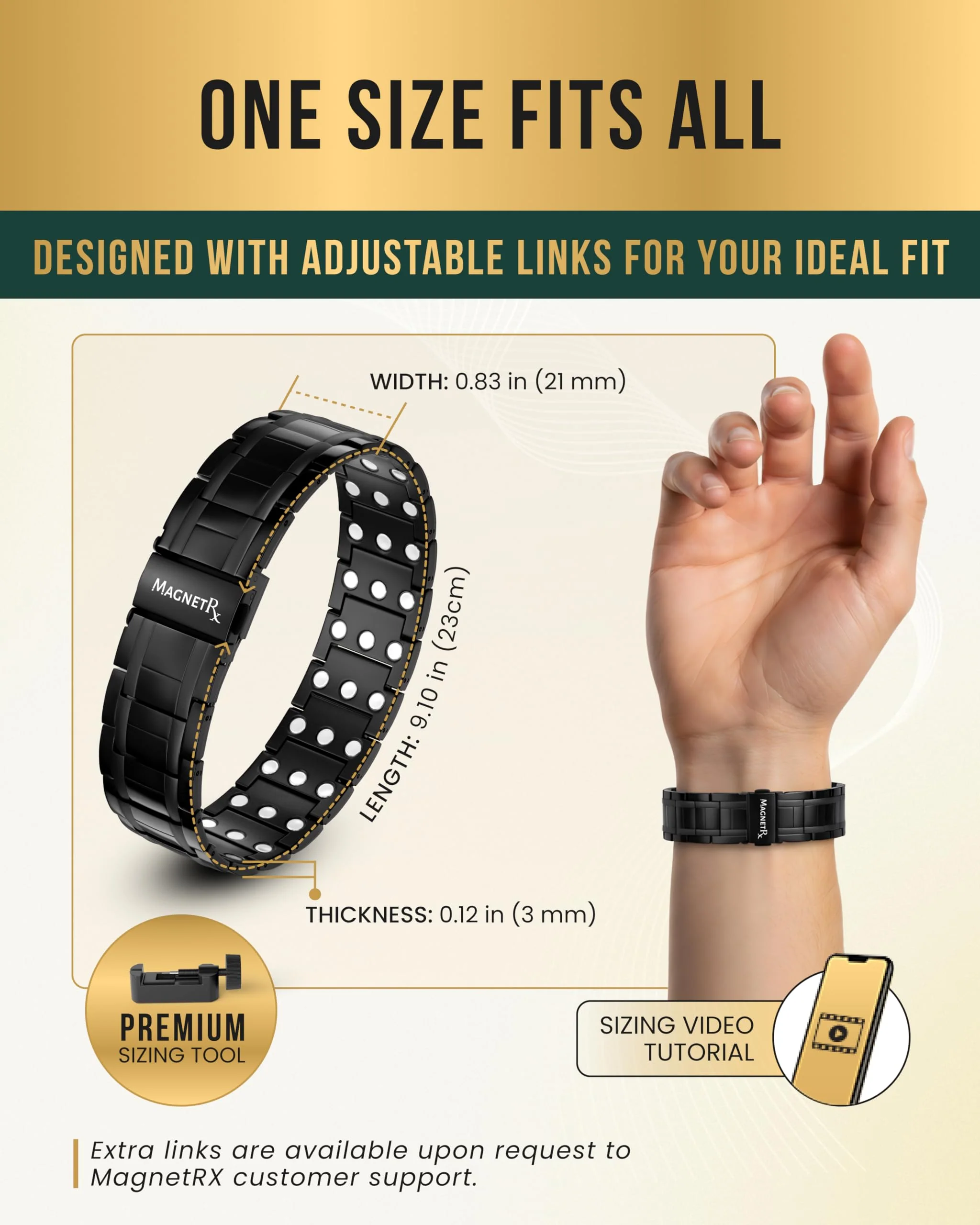 MagnetRX® 3X Strength Magnetic Bracelets for Men – Effective Titanium Mens Magnetic Bracelet – Premium Fold–over Clasp & Adjustable Length with Sizing Tool & Gift Box (Black) - Image 7