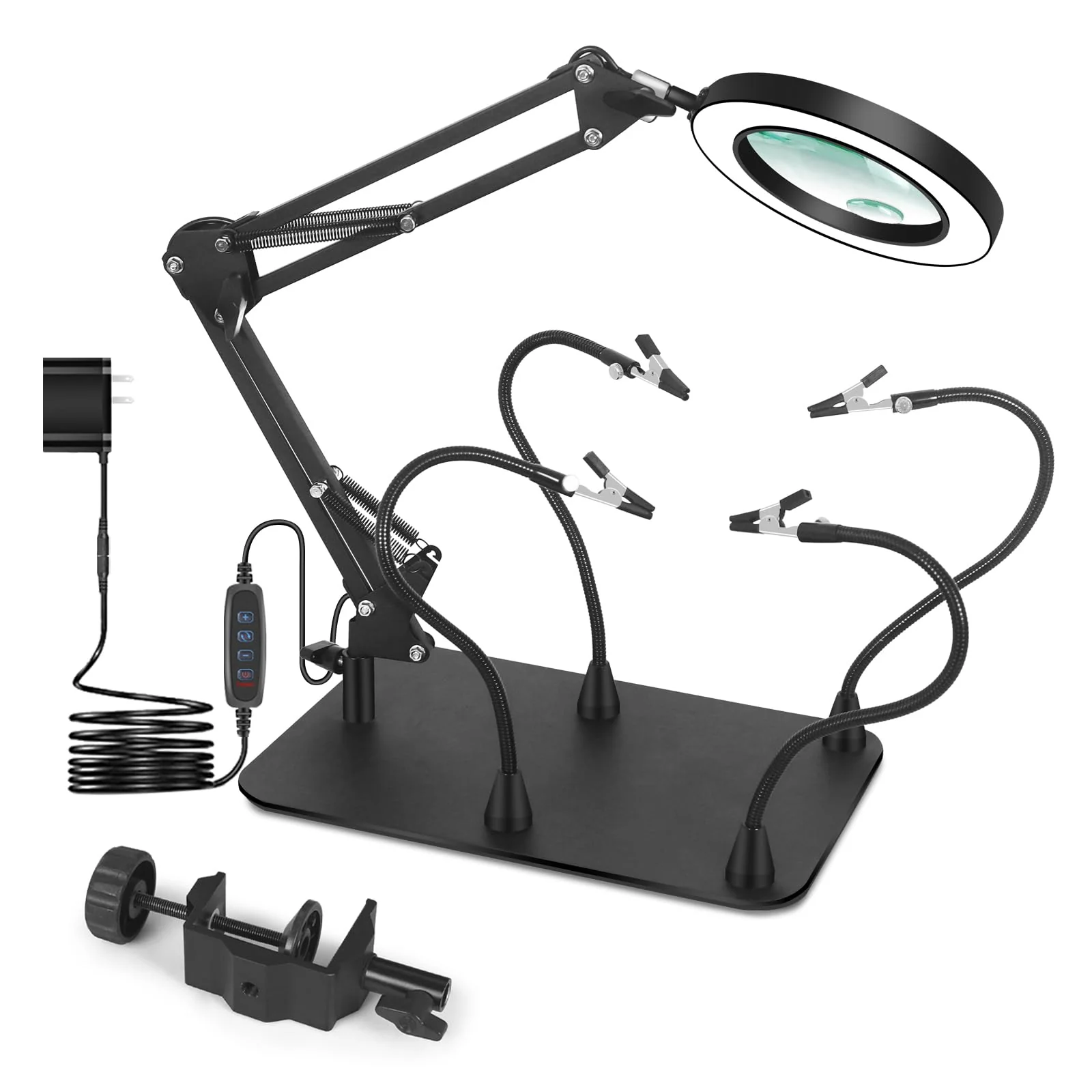 Magnifying Glass with Light and Stand, Flexible Magnetic Helping Hand, 5X&10X 12V 108pcs LED Beads Magnifying Lamp, 3 Modes Adjustable Swivel Gooseneck Arms & Heavy Duty Base Plate