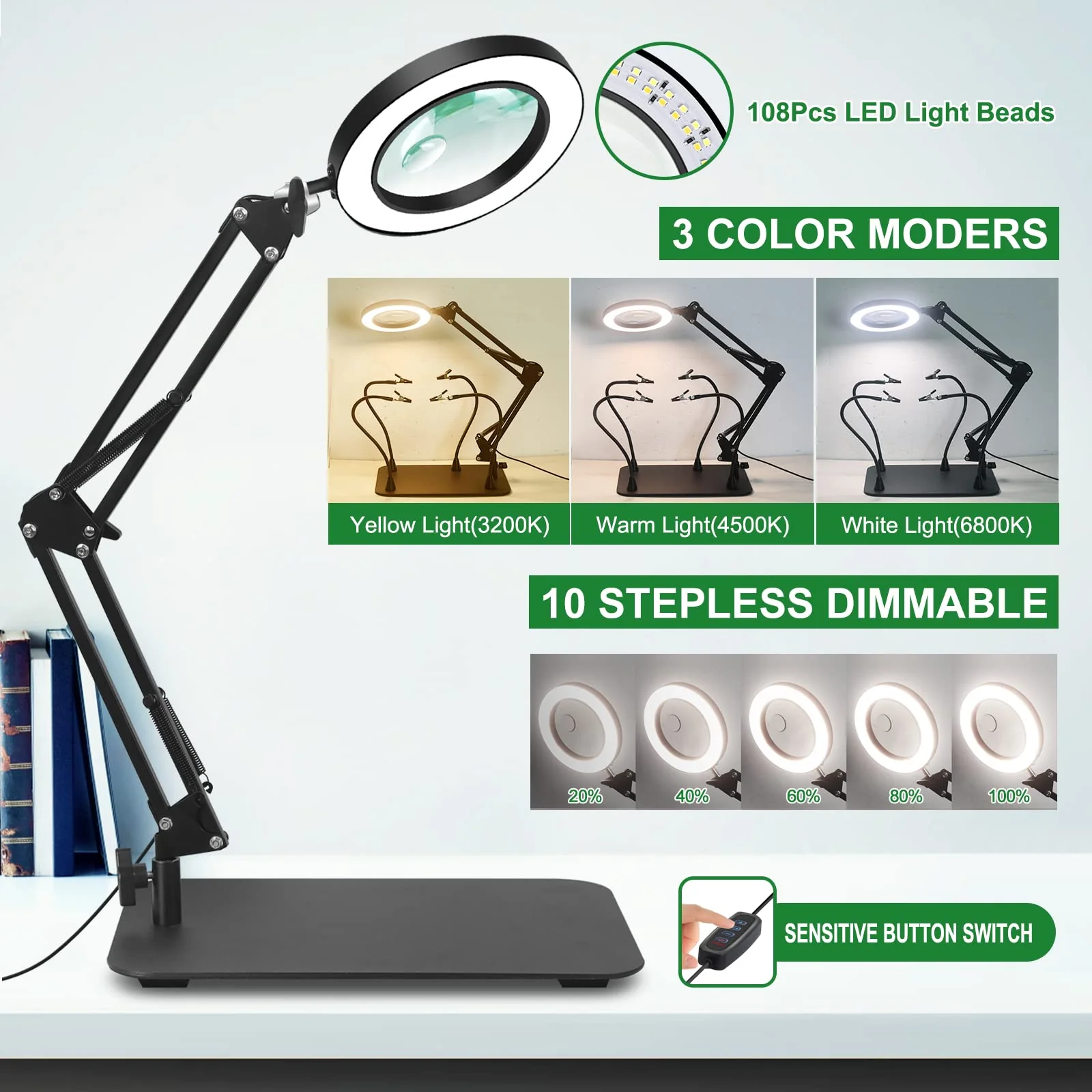 Magnifying Glass with Light and Stand, Flexible Magnetic Helping Hand, 5X&10X 12V 108pcs LED Beads Magnifying Lamp, 3 Modes Adjustable Swivel Gooseneck Arms & Heavy Duty Base Plate - Image 5