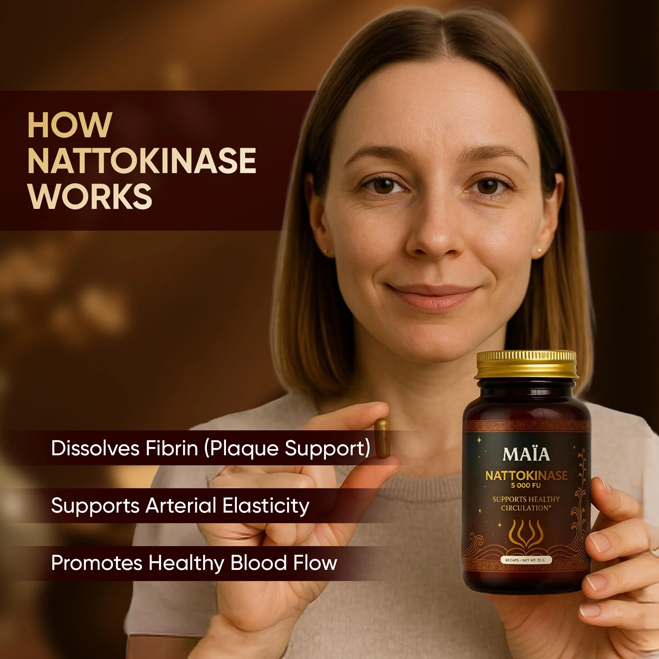 Maia Nattokinase Supplement, with 5000 FU, Supports Arterial Cleanliness and Heart Health, Promotes Healthy Circulation, Added Vitality and Wellness, Plant-Based Capsules, Zero Sugar, 60 Capsules - Image 2