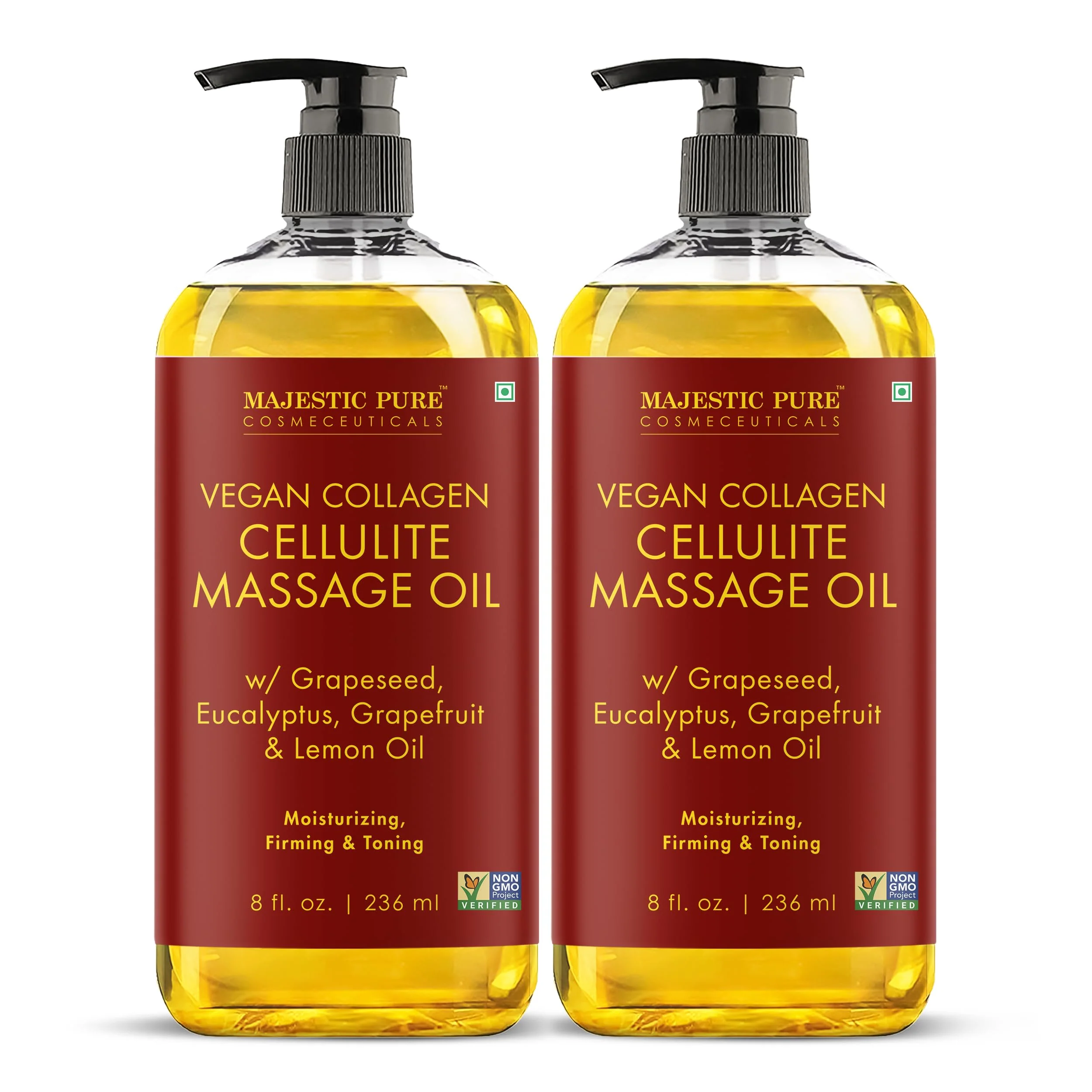 Majestic Pure Cellulite Massage Oil for Massage Therapy- Refreshing and Relaxing- Natural Oils with Grapeseed, Eucalyptus & Lemon Oil- All Skin Types- Men and Women Massage Lotion- 8 fl oz (Pack of 2)