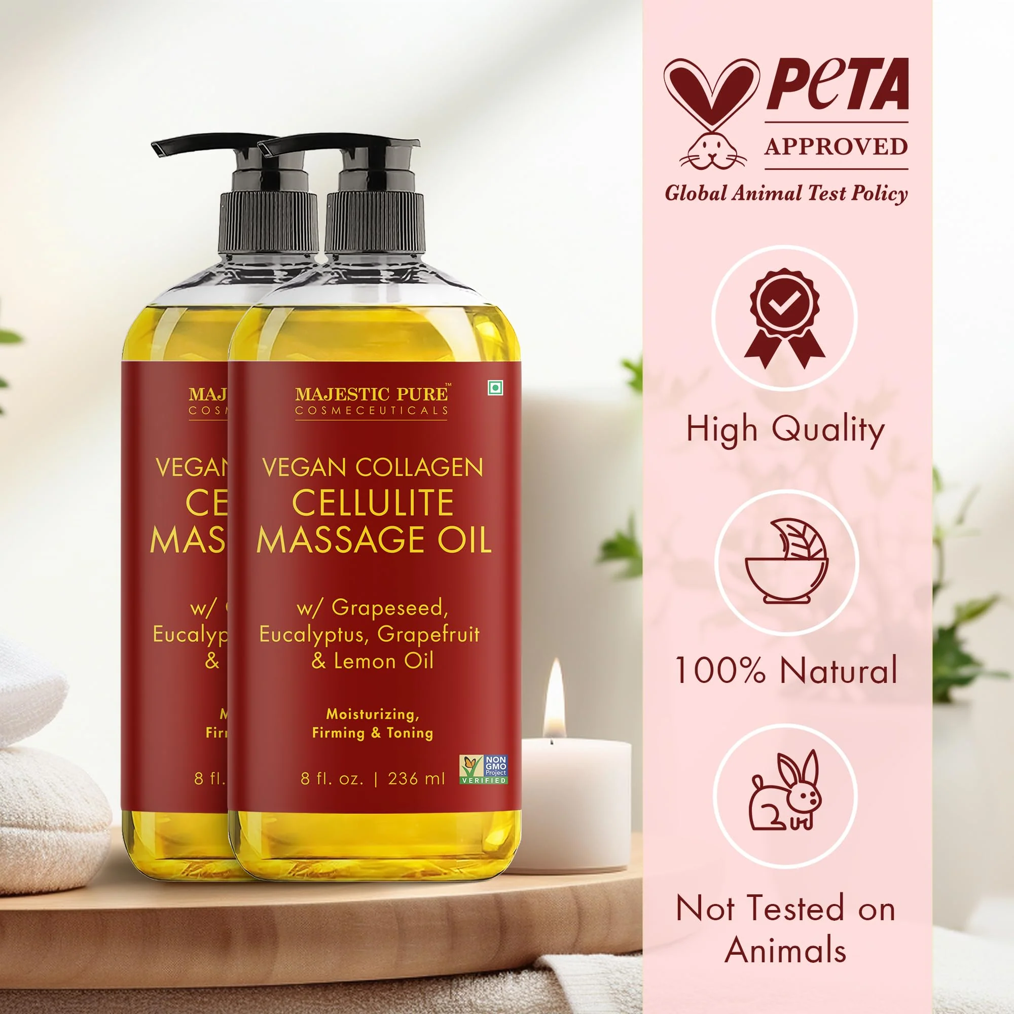 Majestic Pure Cellulite Massage Oil for Massage Therapy- Refreshing and Relaxing- Natural Oils with Grapeseed, Eucalyptus & Lemon Oil- All Skin Types- Men and Women Massage Lotion- 8 fl oz (Pack of 2) - Image 2