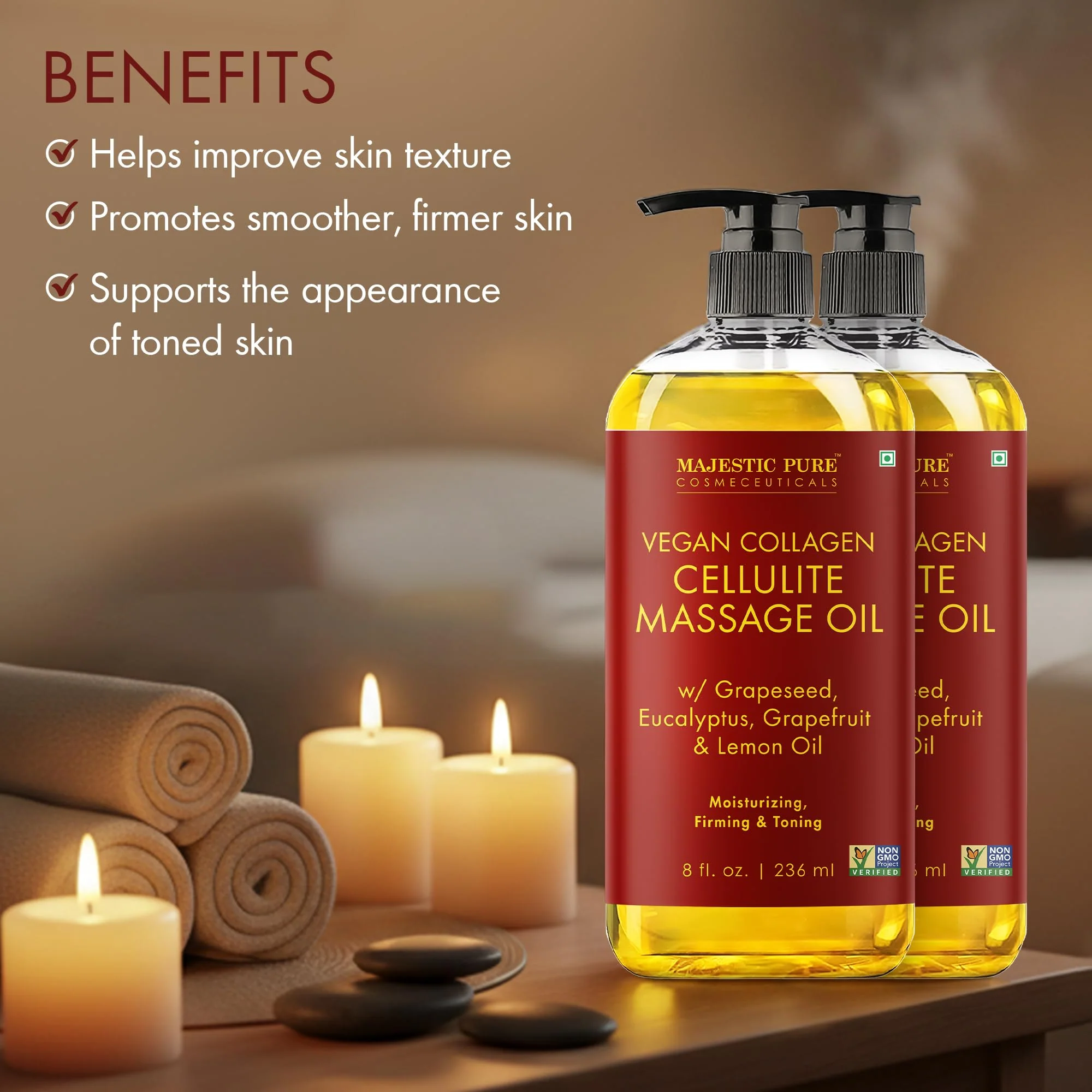 Majestic Pure Cellulite Massage Oil for Massage Therapy- Refreshing and Relaxing- Natural Oils with Grapeseed, Eucalyptus & Lemon Oil- All Skin Types- Men and Women Massage Lotion- 8 fl oz (Pack of 2) - Image 3