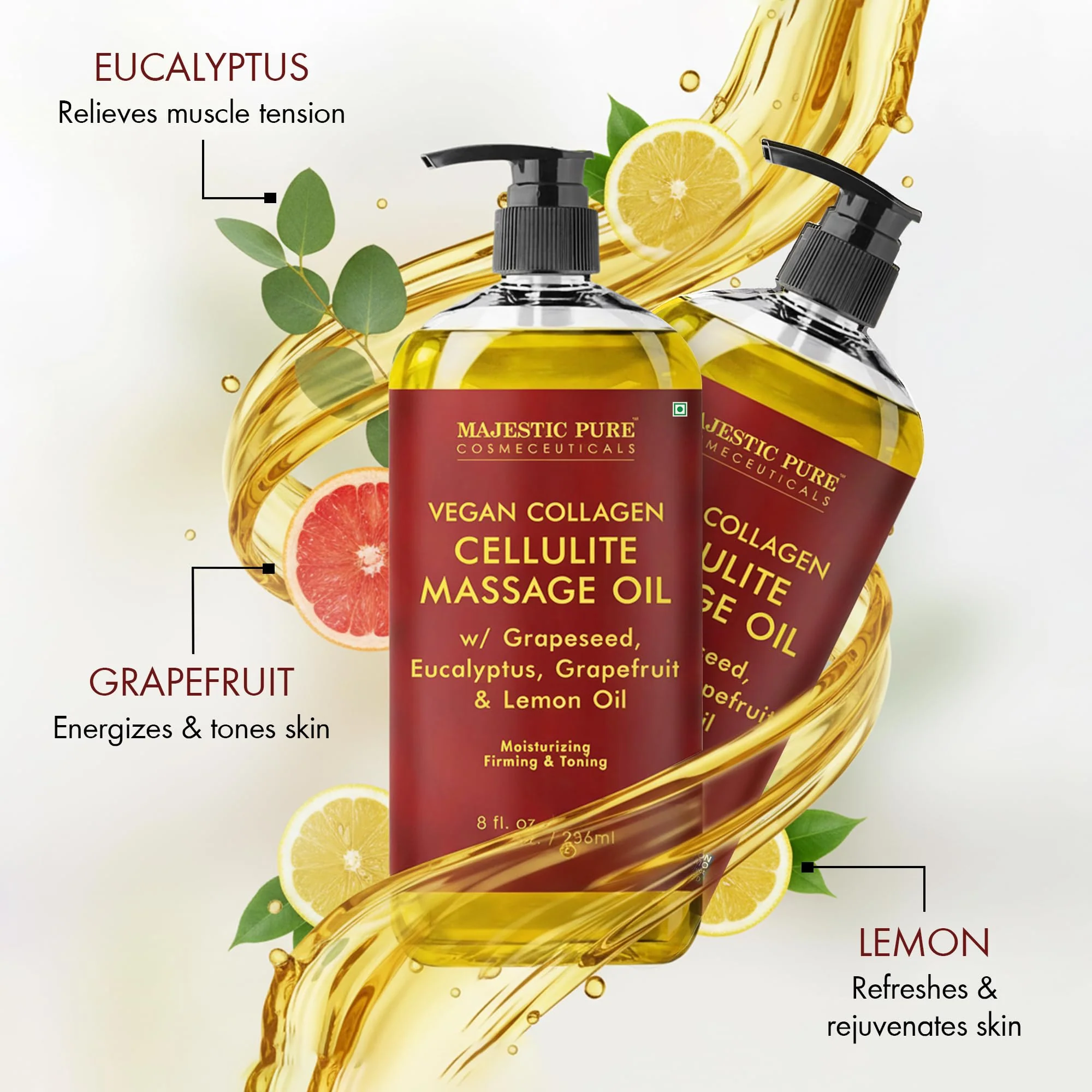 Majestic Pure Cellulite Massage Oil for Massage Therapy- Refreshing and Relaxing- Natural Oils with Grapeseed, Eucalyptus & Lemon Oil- All Skin Types- Men and Women Massage Lotion- 8 fl oz (Pack of 2) - Image 4