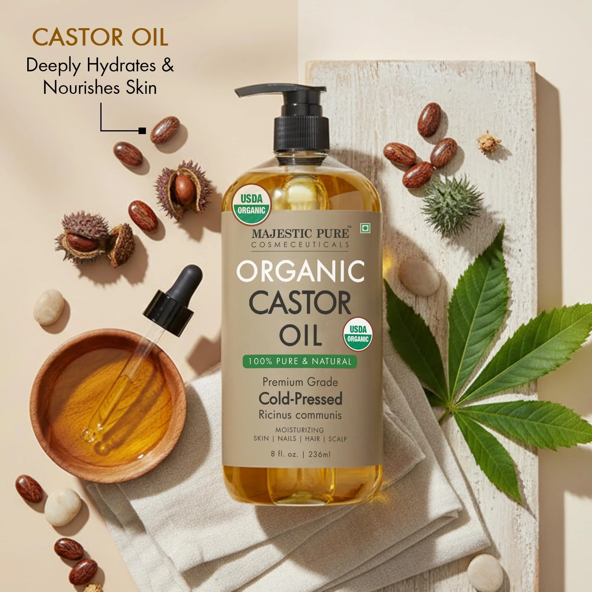 Majestic Pure Oil - 100% Pure and Natural- Cold Pressed & Hexane Free Natural Hair Growth Oil for Eyelashes, Eyebrows, Skin, Body, Face, Nails & Scalp - USDA Organic Castor Oil 8 Fl Oz - Image 5