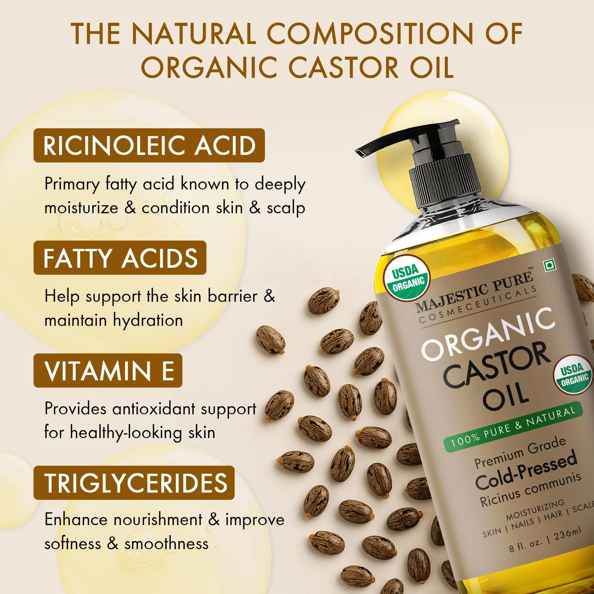 Majestic Pure Oil - 100% Pure and Natural- Cold Pressed & Hexane Free Natural Hair Growth Oil for Eyelashes, Eyebrows, Skin, Body, Face, Nails & Scalp - USDA Organic Castor Oil 8 Fl Oz - Image 6