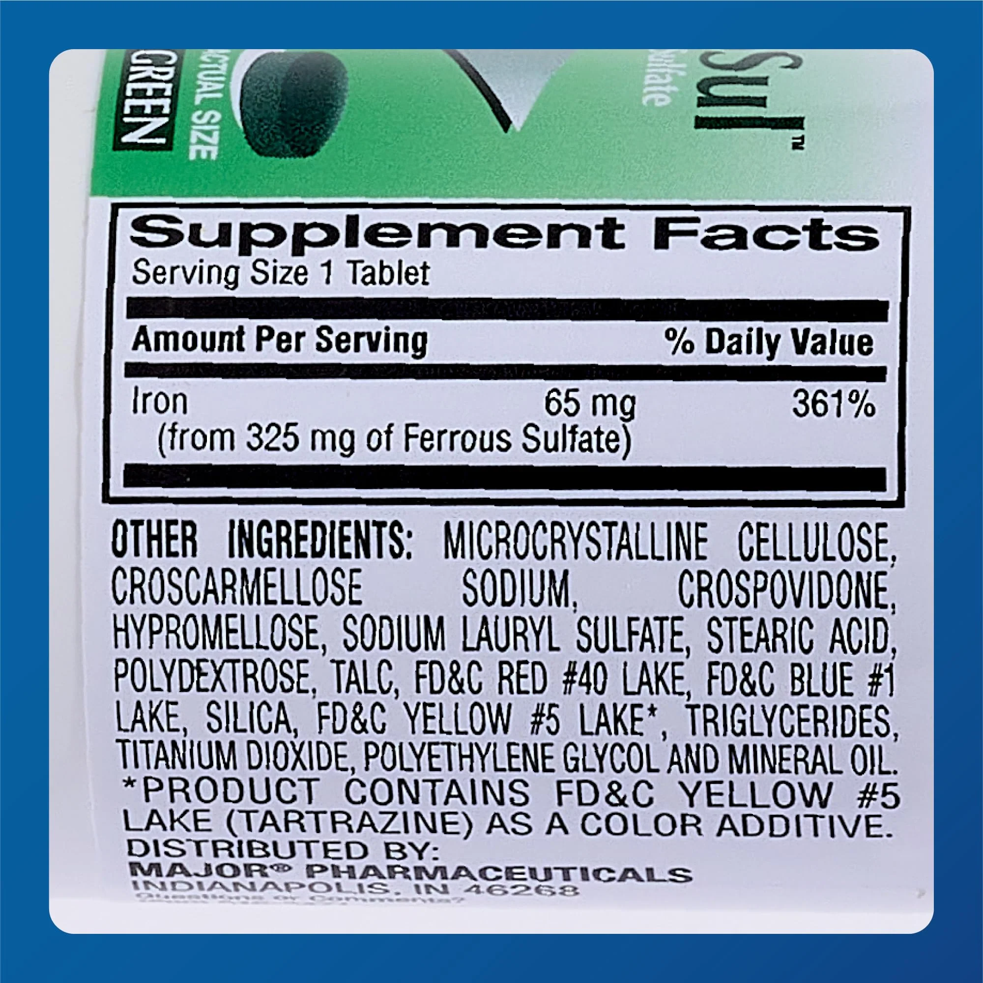 Major Ferosul - Ferrous Sulfate 325mg Tablets with 65mg of Elemental Iron - Iron Supplement for Women, Men - Green - 100 Tablets (6 Pack) - Image 3