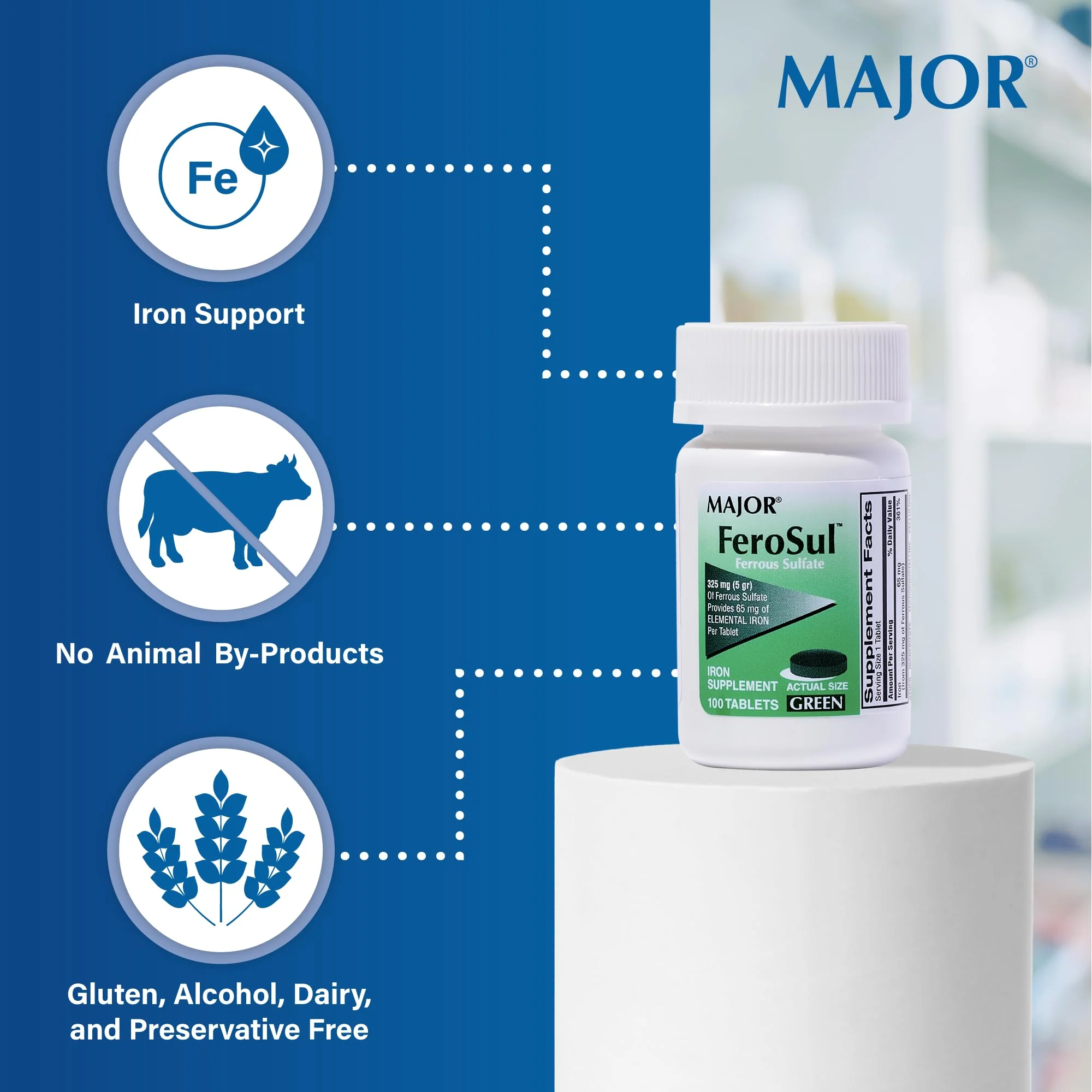 Major Ferosul - Ferrous Sulfate 325mg Tablets with 65mg of Elemental Iron - Iron Supplement for Women, Men - Green - 100 Tablets (6 Pack) - Image 4