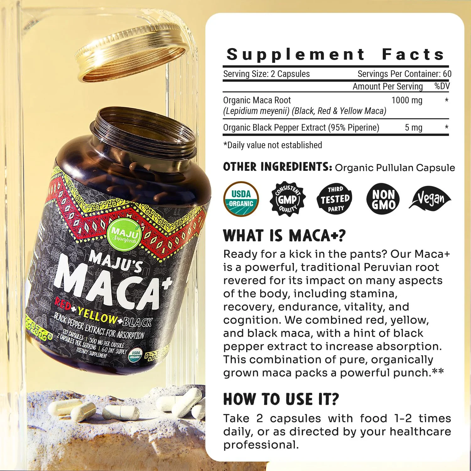 Maju Superfoods 4-in-1 Maca Root Capsules, Organic Black, Yellow & Red Roots w Black Pepper Extract for Absorption (120 ct) | Peru Product, Peruvian Powder, Men & Women Supplement, 60,000 mg - Image 2