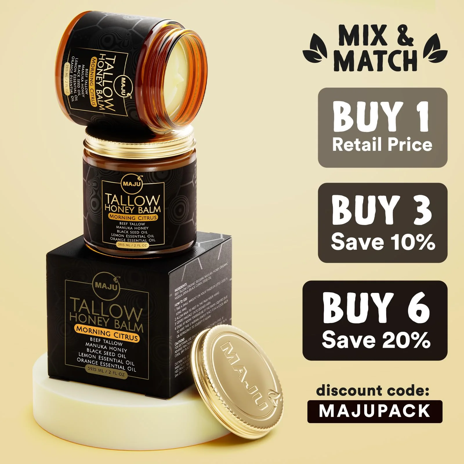 MAJU Tallow Honey Balm, Morning Citrus (2 oz), Grass Fed Beef Tallow for Skin with Organic Black Seed Oil, Manuka Honey and Organic Beeswax, Skin and Face Moisturizer for Deep Hydration - Image 2