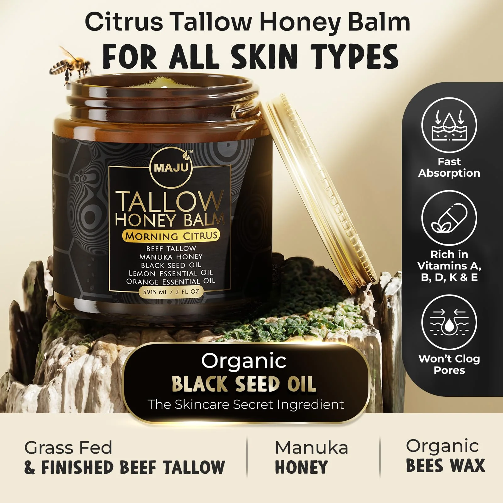 MAJU Tallow Honey Balm, Morning Citrus (2 oz), Grass Fed Beef Tallow for Skin with Organic Black Seed Oil, Manuka Honey and Organic Beeswax, Skin and Face Moisturizer for Deep Hydration - Image 9