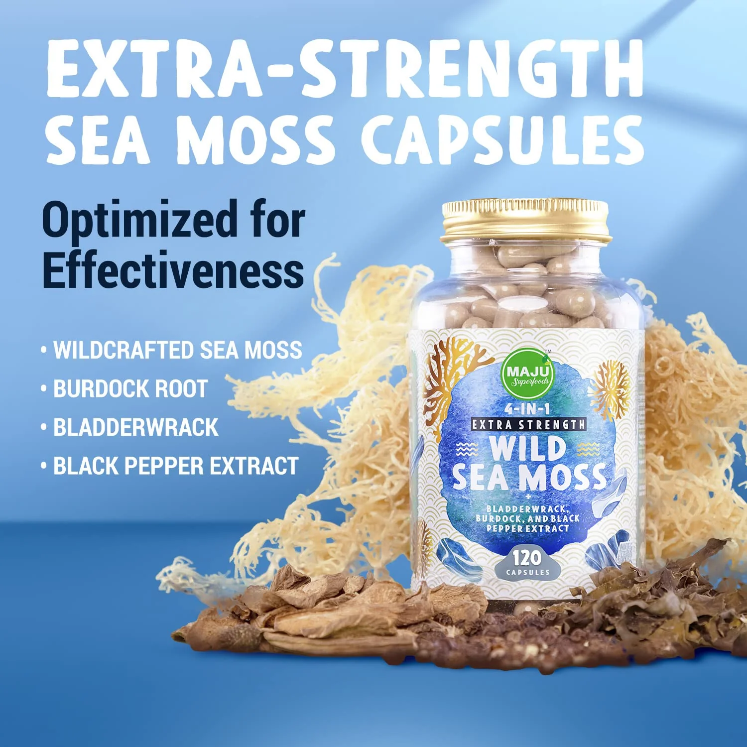 MAJU Wild Irish Sea Moss Capsules (120ct), Stronger Than Gel, 4-in-1 w/Bladderwrack + Burdock Root, Organic, Sebi Inspired, Raw, Seamoss Pills Powder, Wild, 1 Bottle - Image 3