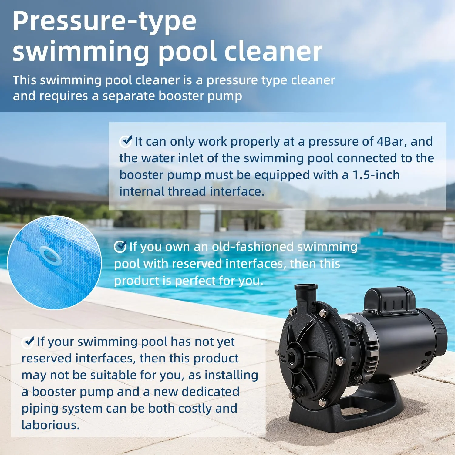 MAKHOON Upgrade Pool Pressure Side Sweeper: Professional Solution for Cleaning Your Swimming Pool (Four Wheels are Better Than Three) Need 1.5" Female Thread Pool Booster Pump Inlet, 4 Bar Pressure - Image 5