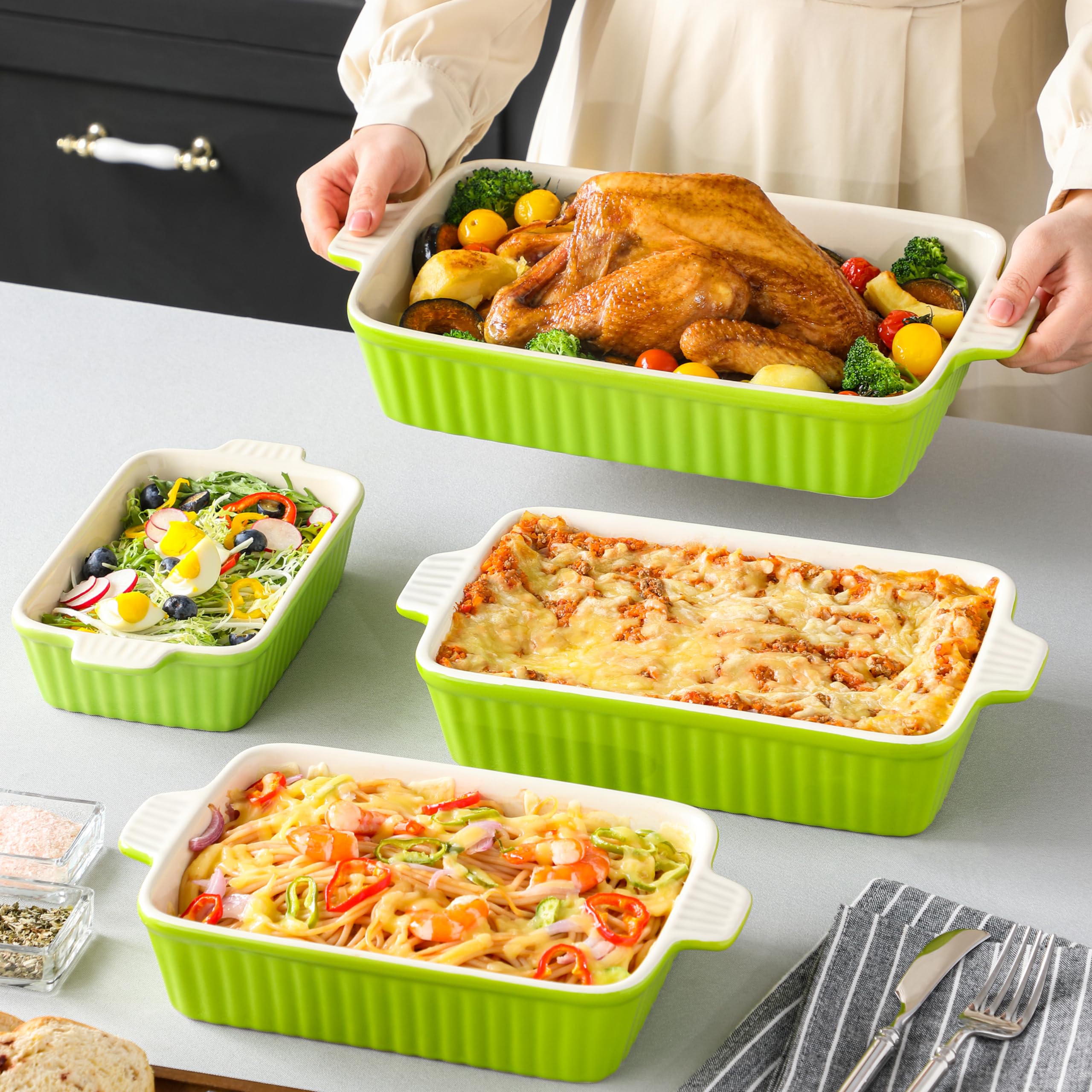 MALACASA Bakeware Set of 4, Porcelain Baking Pans Set for Oven, Casserole Dish, Ceramic Rectangular Baking Dish Lasagna Pans for Cooking Cake Kitchen, Green (9.4"/11.1"/12.2"/14.7"), Series BAKE.BAKE - Image 2