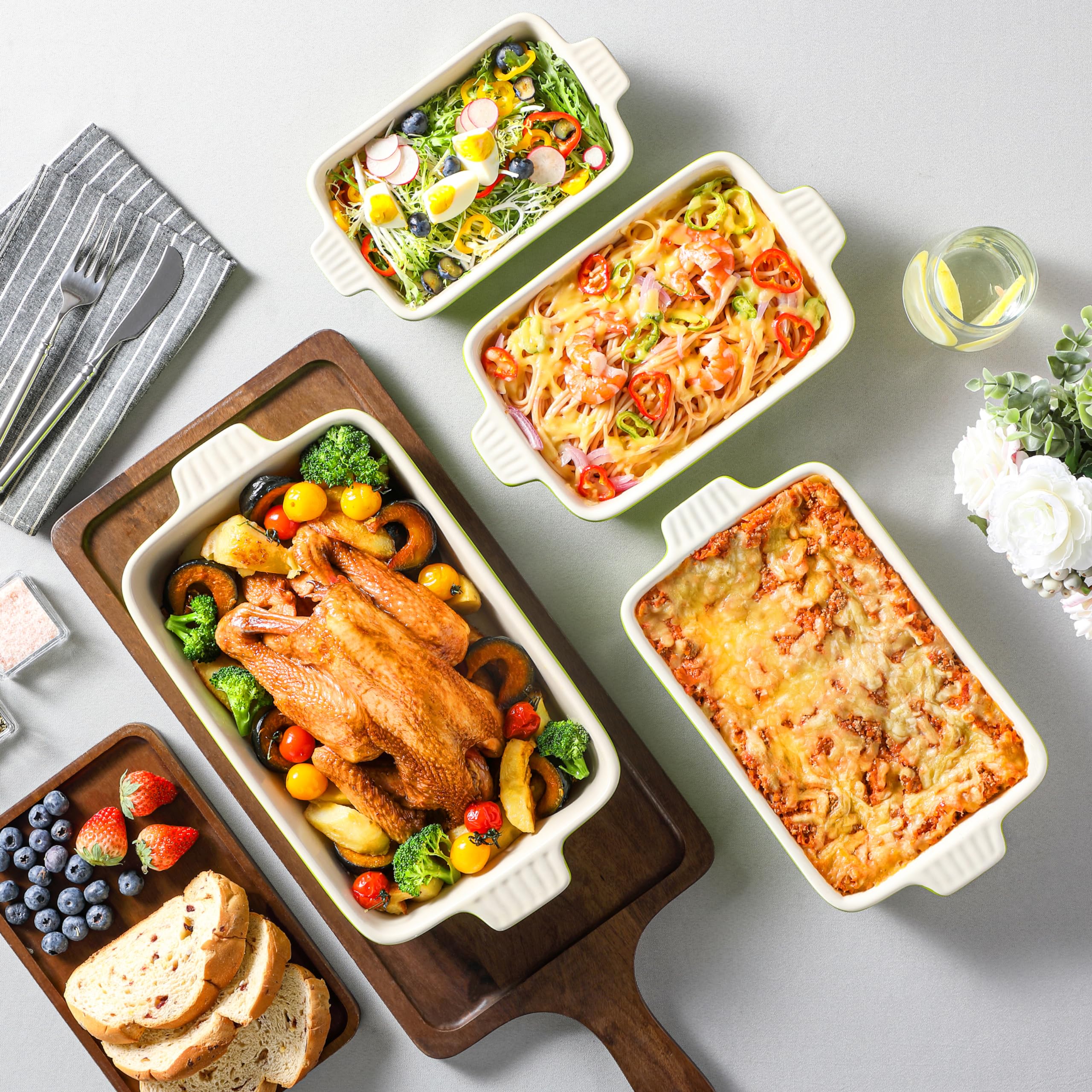 MALACASA Bakeware Set of 4, Porcelain Baking Pans Set for Oven, Casserole Dish, Ceramic Rectangular Baking Dish Lasagna Pans for Cooking Cake Kitchen, Green (9.4"/11.1"/12.2"/14.7"), Series BAKE.BAKE - Image 4