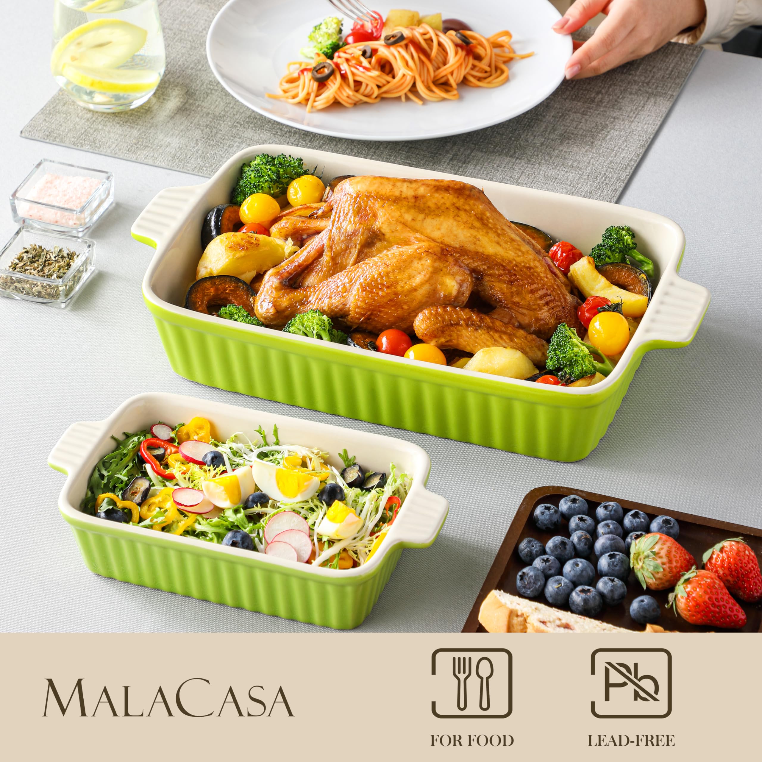 MALACASA Bakeware Set of 4, Porcelain Baking Pans Set for Oven, Casserole Dish, Ceramic Rectangular Baking Dish Lasagna Pans for Cooking Cake Kitchen, Green (9.4"/11.1"/12.2"/14.7"), Series BAKE.BAKE - Image 6