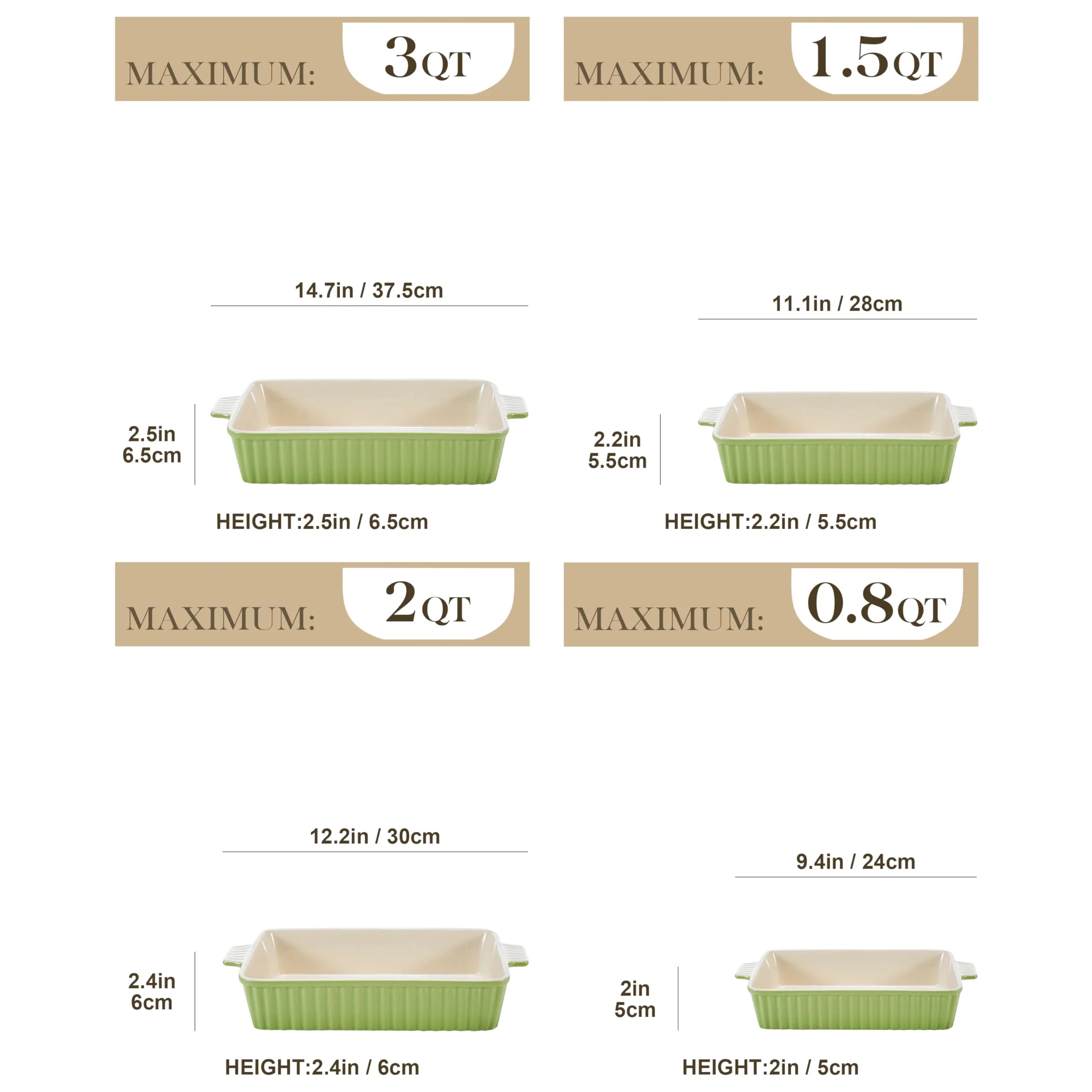MALACASA Bakeware Set of 4, Porcelain Baking Pans Set for Oven, Casserole Dish, Ceramic Rectangular Baking Dish Lasagna Pans for Cooking Cake Kitchen, Green (9.4"/11.1"/12.2"/14.7"), Series BAKE.BAKE - Image 7