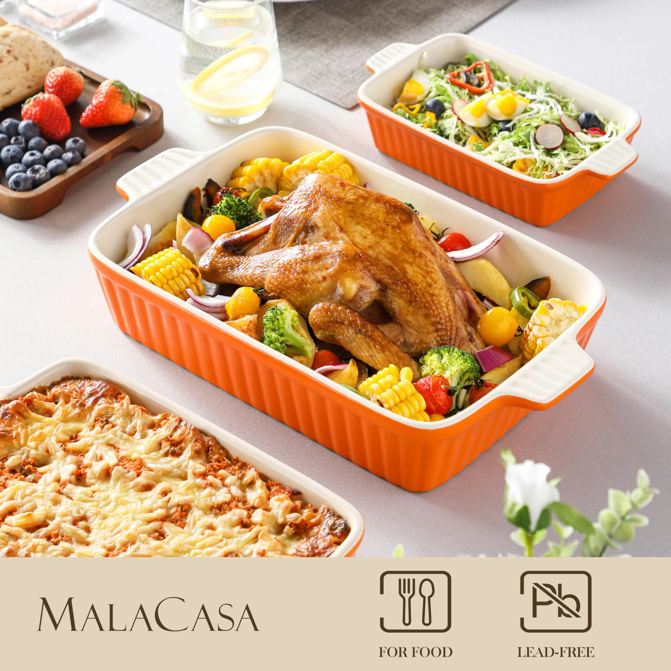MALACASA Bakeware Set of 4, Porcelain Baking Pans Set for Oven, Casserole Dish, Ceramic Rectangular Baking Dish Lasagna Pans for Cooking Cake Kitchen, Orange(9.4"/11.1"/12.2"/14.7"), Series BAKE.BAKE - Image 6