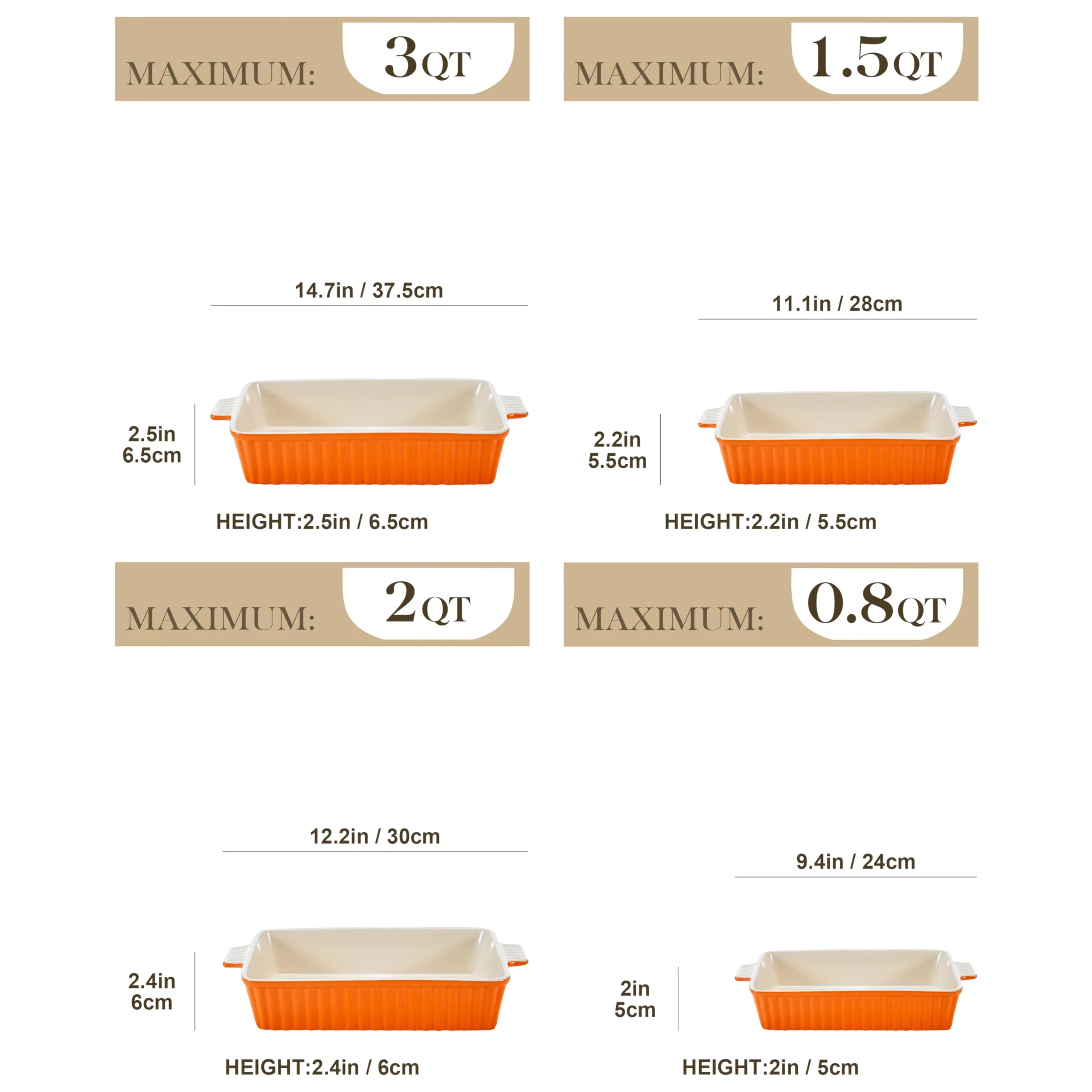 MALACASA Bakeware Set of 4, Porcelain Baking Pans Set for Oven, Casserole Dish, Ceramic Rectangular Baking Dish Lasagna Pans for Cooking Cake Kitchen, Orange(9.4"/11.1"/12.2"/14.7"), Series BAKE.BAKE - Image 7