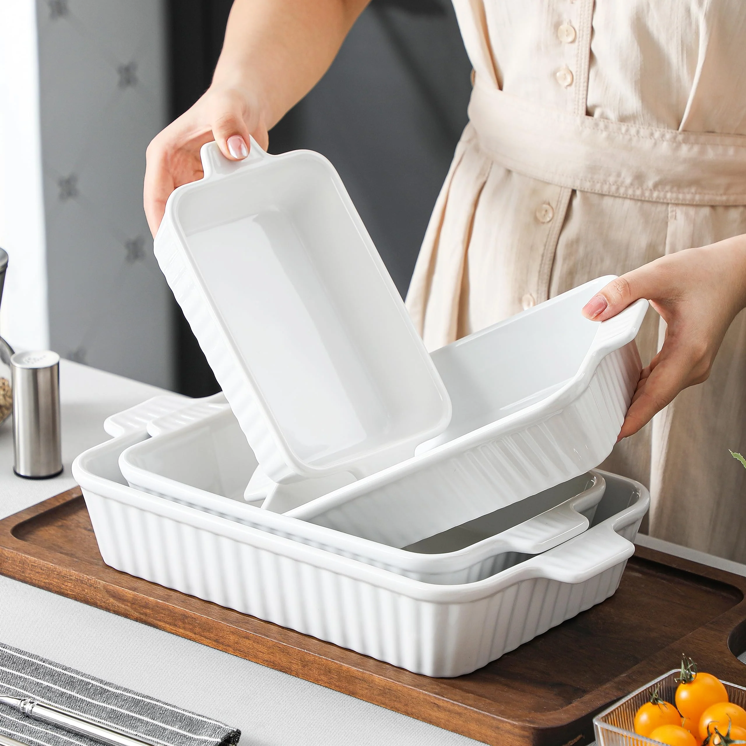 MALACASA Casserole Dishes for Oven, Porcelain Baking Dishes, Ceramic Bakeware Sets of 4, Rectangular Lasagna Pans Deep with Handles for Baking Cake Kitchen, White (9.4"/11.1"/12.2"/14.7"), Series - Image 3