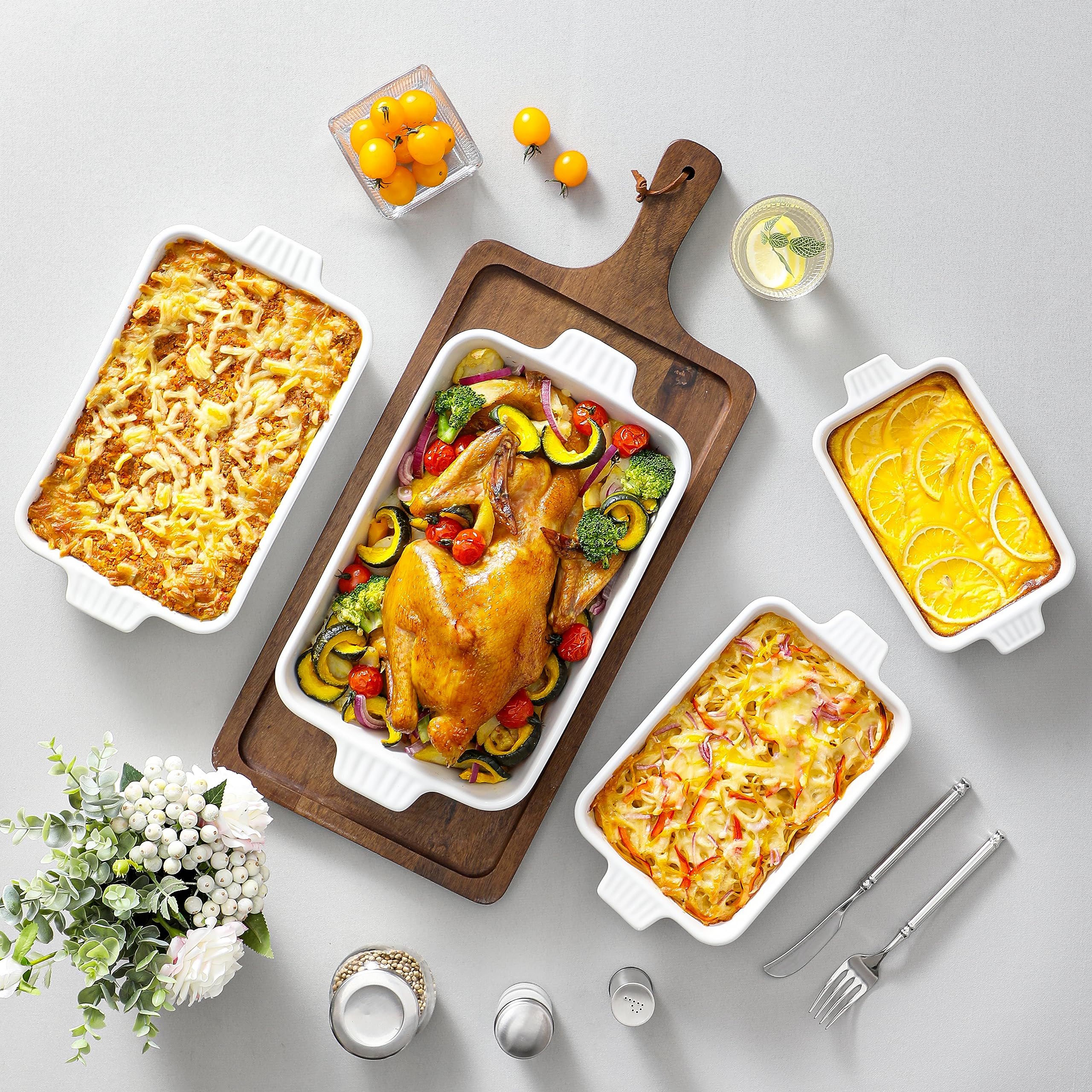 MALACASA Casserole Dishes for Oven, Porcelain Baking Dishes, Ceramic Bakeware Sets of 4, Rectangular Lasagna Pans Deep with Handles for Baking Cake Kitchen, White (9.4"/11.1"/12.2"/14.7"), Series - Image 4