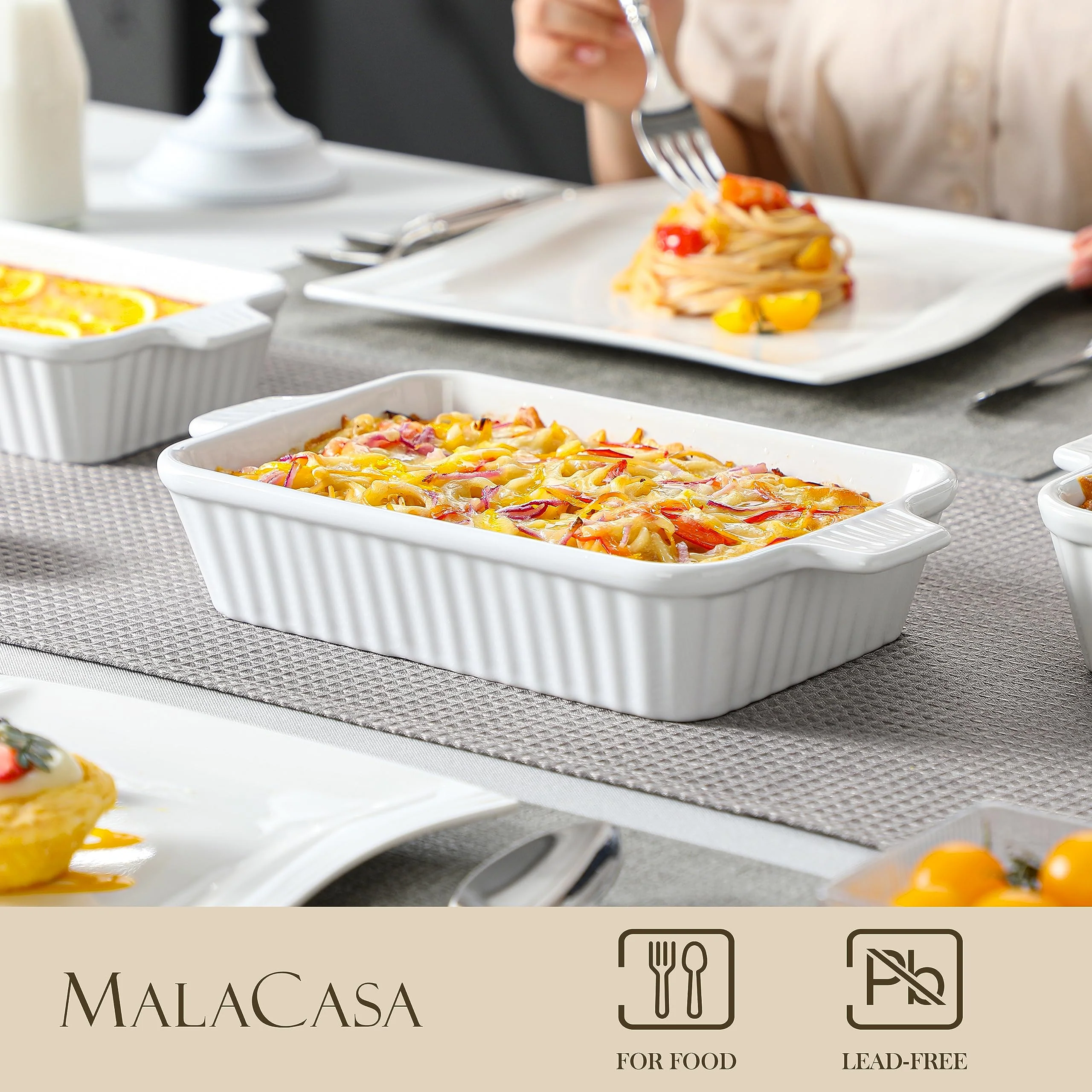 MALACASA Casserole Dishes for Oven, Porcelain Baking Dishes, Ceramic Bakeware Sets of 4, Rectangular Lasagna Pans Deep with Handles for Baking Cake Kitchen, White (9.4"/11.1"/12.2"/14.7"), Series - Image 6