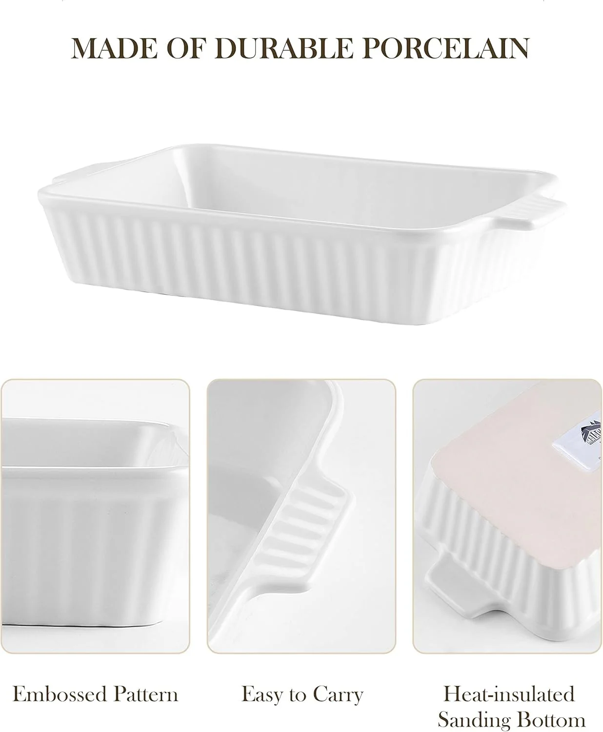 MALACASA Casserole Dishes for Oven, Porcelain Baking Dishes, Ceramic Bakeware Sets of 4, Rectangular Lasagna Pans Deep with Handles for Baking Cake Kitchen, White (9.4"/11.1"/12.2"/14.7"), Series - Image 7