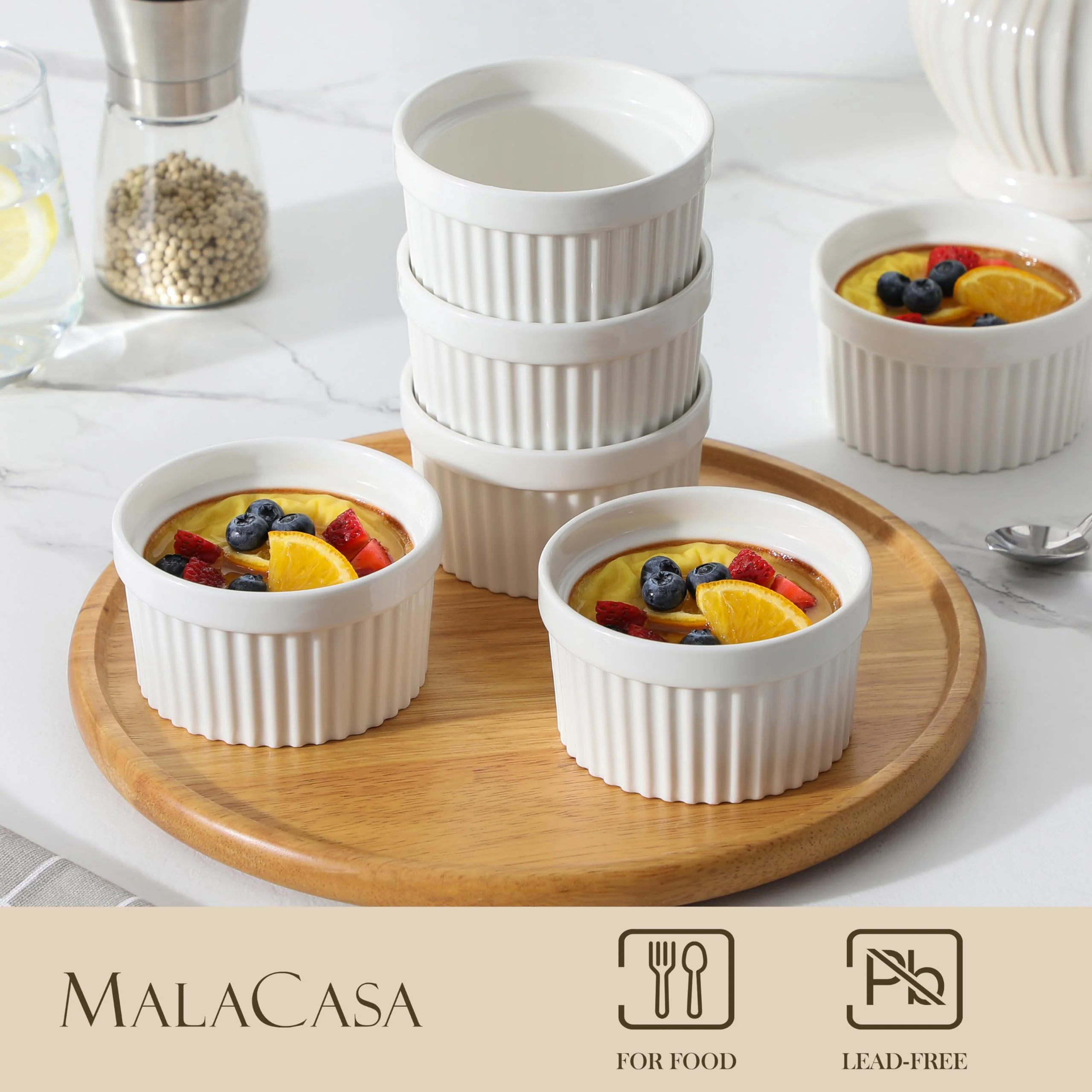 MALACASA Ramekins 10 oz Oven Safe, Porcelain Creme Brulee Ramekins Pudding Custard Cups Large Ceramic Souffle Dishes Ramakan Ramiken Ramicans Baking Bowls Set of 6, White, Series RAMEKIN-DISH - Image 14