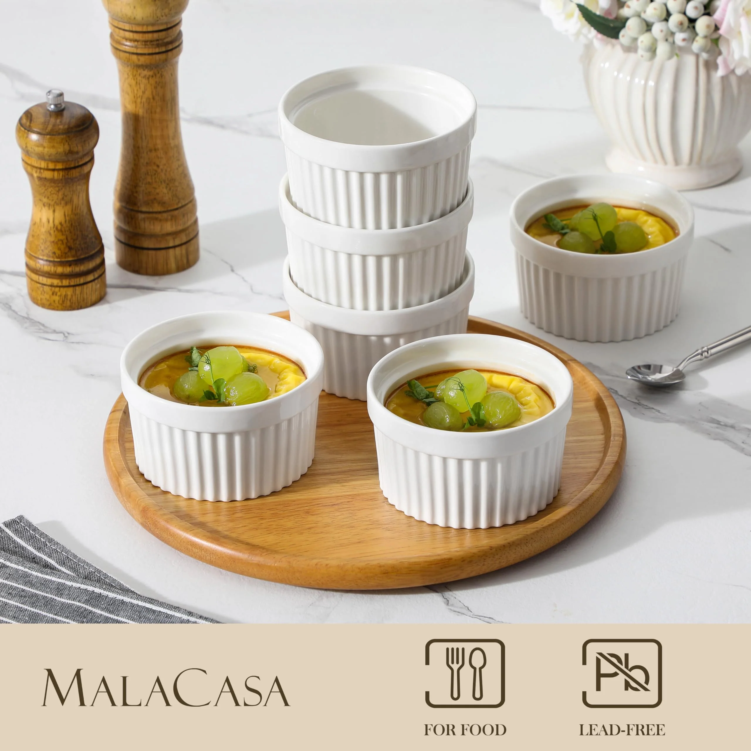 MALACASA Ramekins 12 oz Oven Safe, Porcelain Creme Brulee Ramekins Pudding Custard Cups Large Ceramic Souffle Dishes Ramakan Ramiken Ramicans Baking Bowls Set of 6, White, Series RAMEKIN-DISH - Image 14
