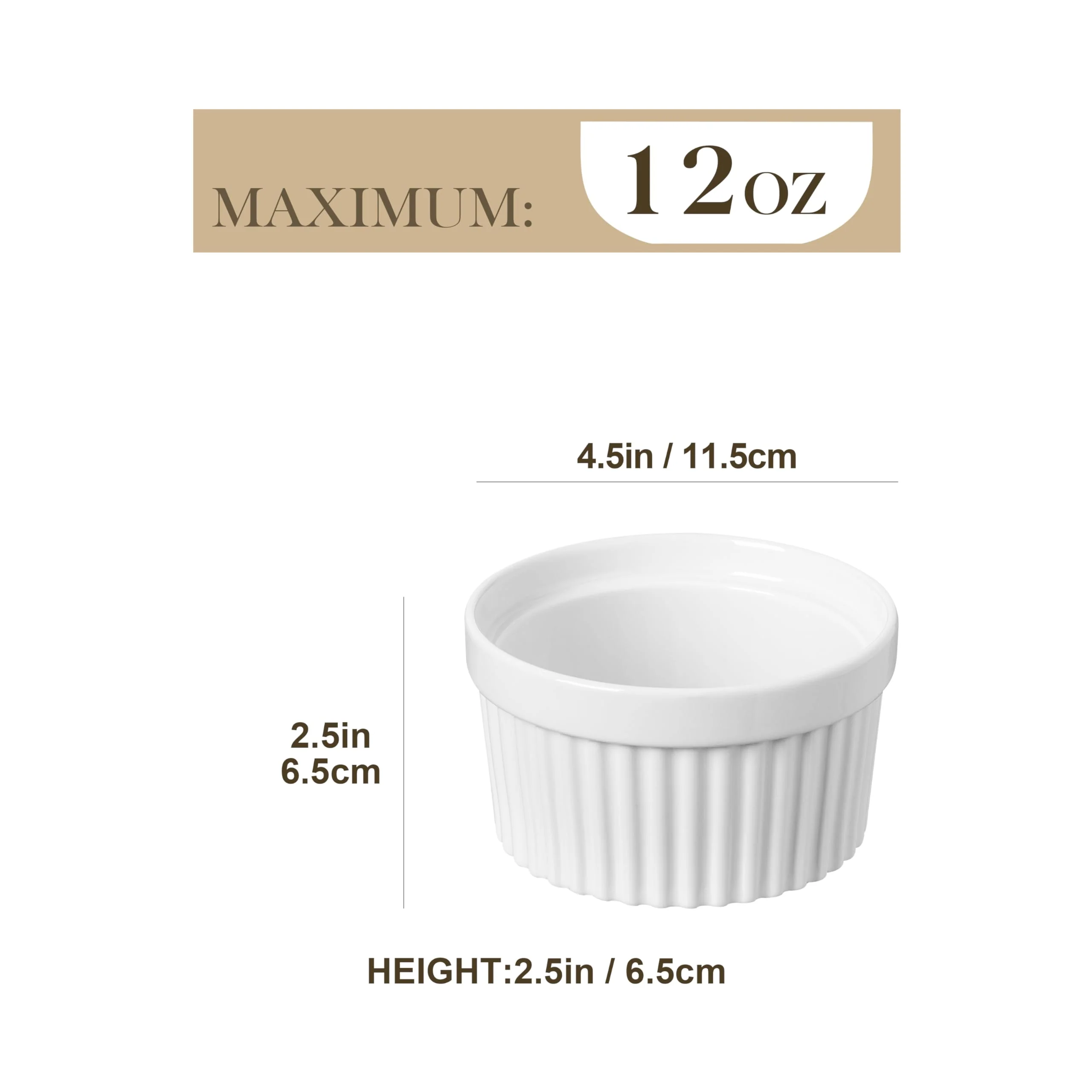 MALACASA Ramekins 12 oz Oven Safe, Porcelain Creme Brulee Ramekins Pudding Custard Cups Large Ceramic Souffle Dishes Ramakan Ramiken Ramicans Baking Bowls Set of 6, White, Series RAMEKIN-DISH - Image 15