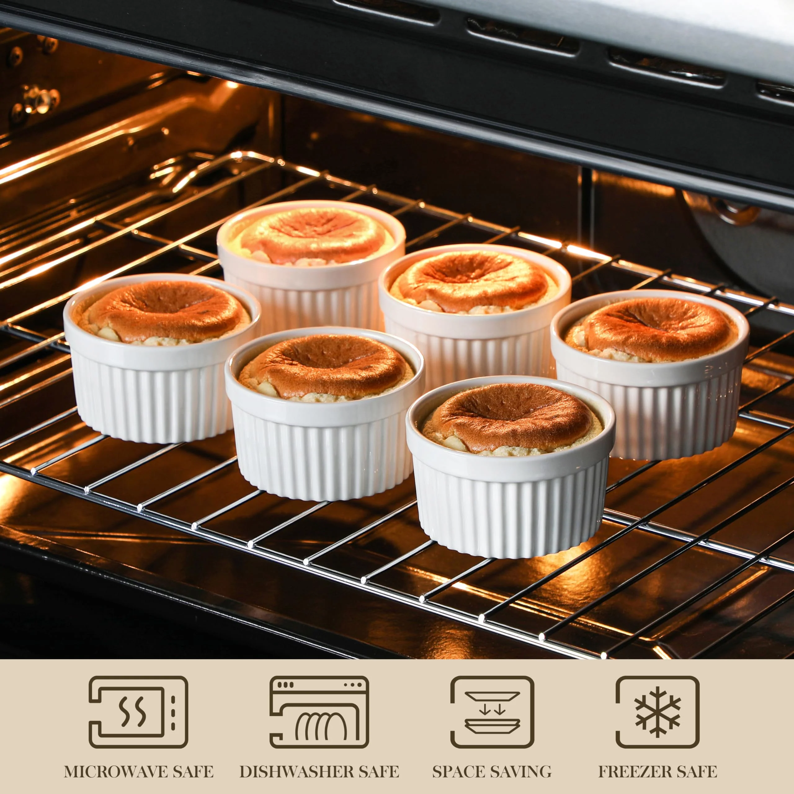 MALACASA Ramekins 8 oz Oven Safe, Porcelain Creme Brulee Ramekins Pudding Custard Cups Ceramic Souffle Dishes Ramakan Ramiken Ramicans Baking Bowls Set of 6, White, Series RAMEKIN-DISH - Image 13