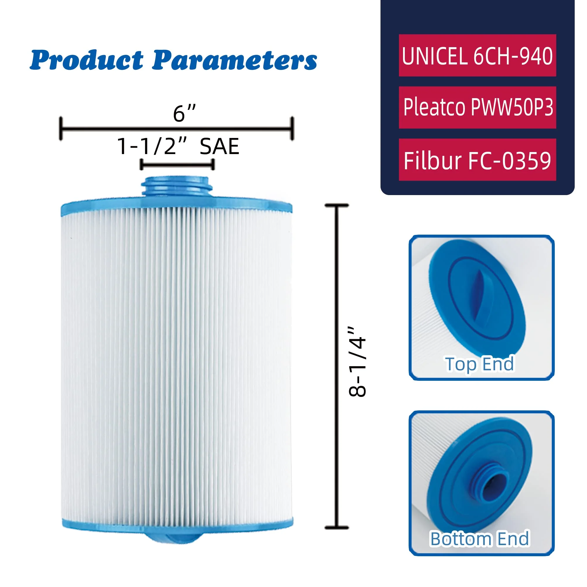 Mamokin PWW50 Spa Filter, Replaces 6CH-940,Filbur FC-0359, 817-0050, 25252, 03FIL1400, PWW50P3(NOT PWW50P4), (1 1/2" Coarse Thread), Waterway Front Access Skimmer, SAE Thread Hot Tub Filter 2 Pack - Image 8