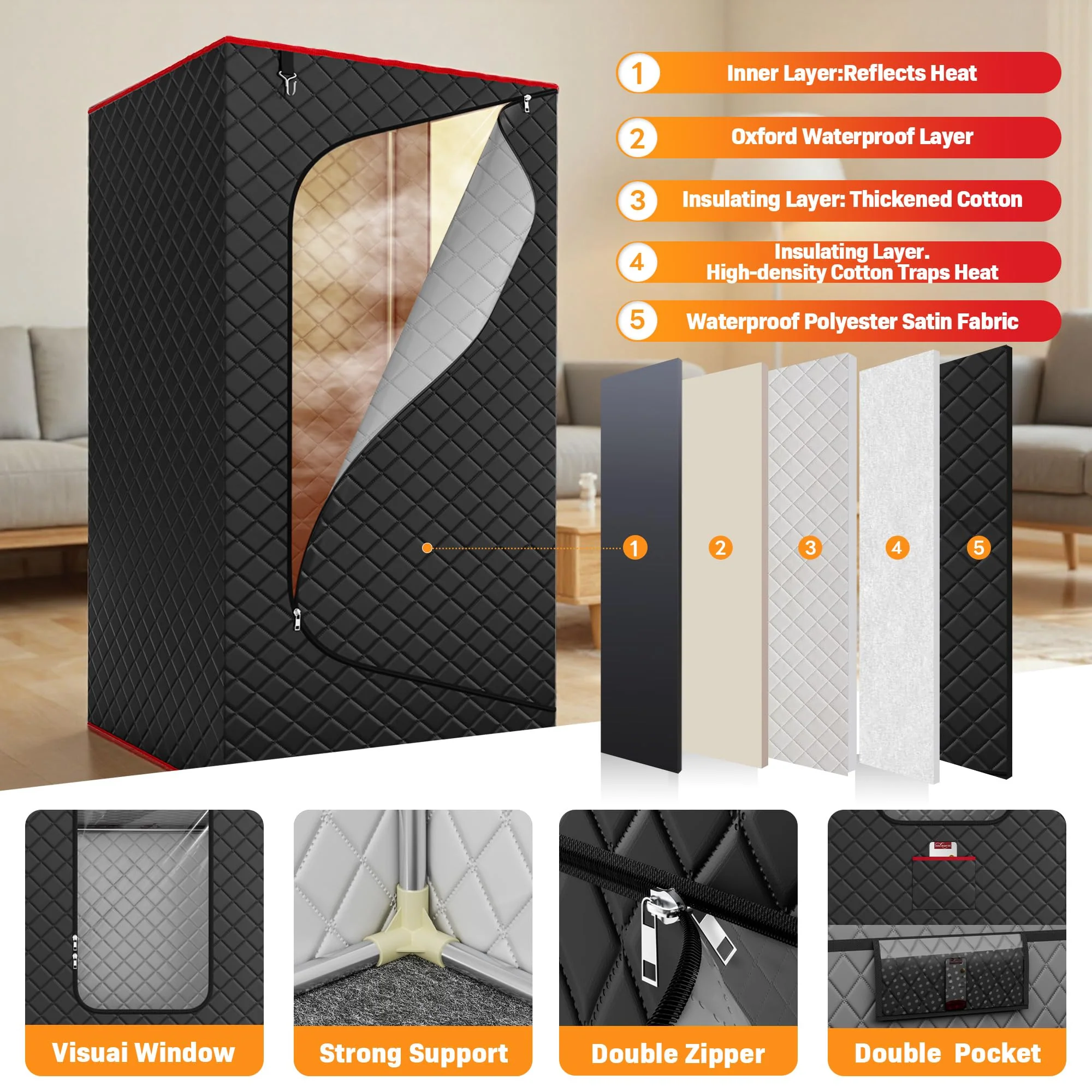 Manastin Upgraded Portable Steam Sauna for Home, Sauna Tent with 3L/1200W Steamer, XL Foldable and Remote Control, 99-Min Timer & 15 Power Levels, 2.6' x 2.6' x 5.9' Detox Spa for Relaxation,Jet Black - Image 3