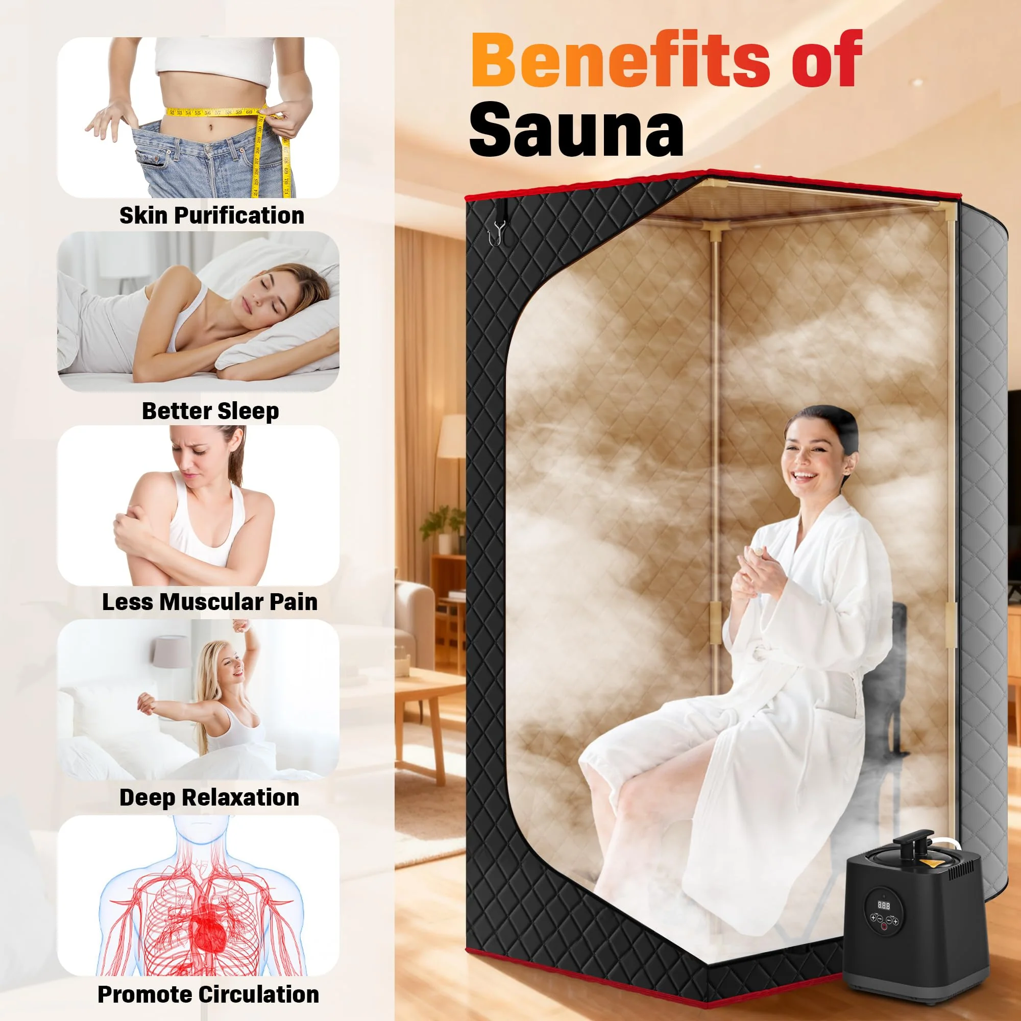 Manastin Upgraded Portable Steam Sauna for Home, Sauna Tent with 3L/1200W Steamer, XL Foldable and Remote Control, 99-Min Timer & 15 Power Levels, 2.6' x 2.6' x 5.9' Detox Spa for Relaxation,Jet Black - Image 4