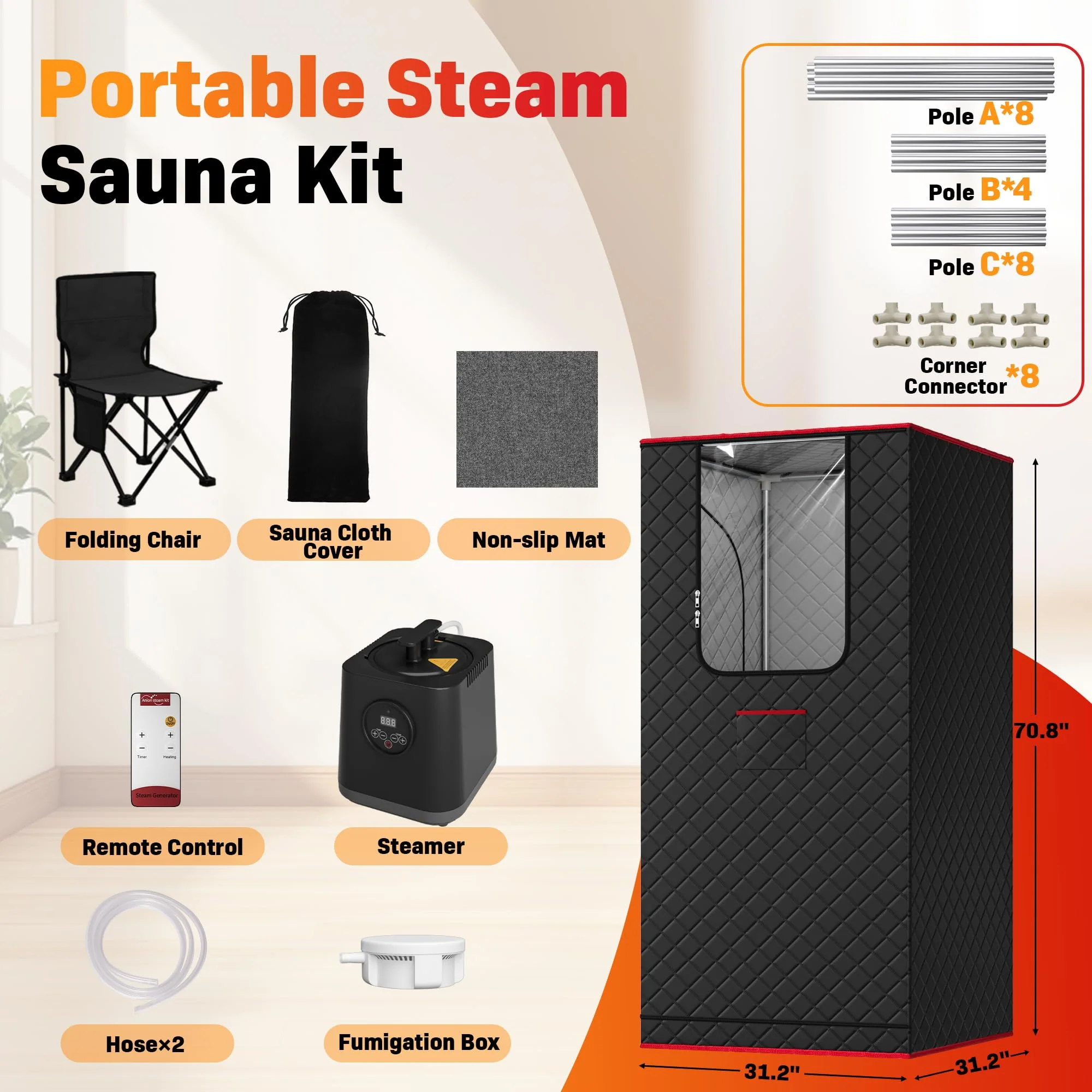 Manastin Upgraded Portable Steam Sauna for Home, Sauna Tent with 3L/1200W Steamer, XL Foldable and Remote Control, 99-Min Timer & 15 Power Levels, 2.6' x 2.6' x 5.9' Detox Spa for Relaxation,Jet Black - Image 6
