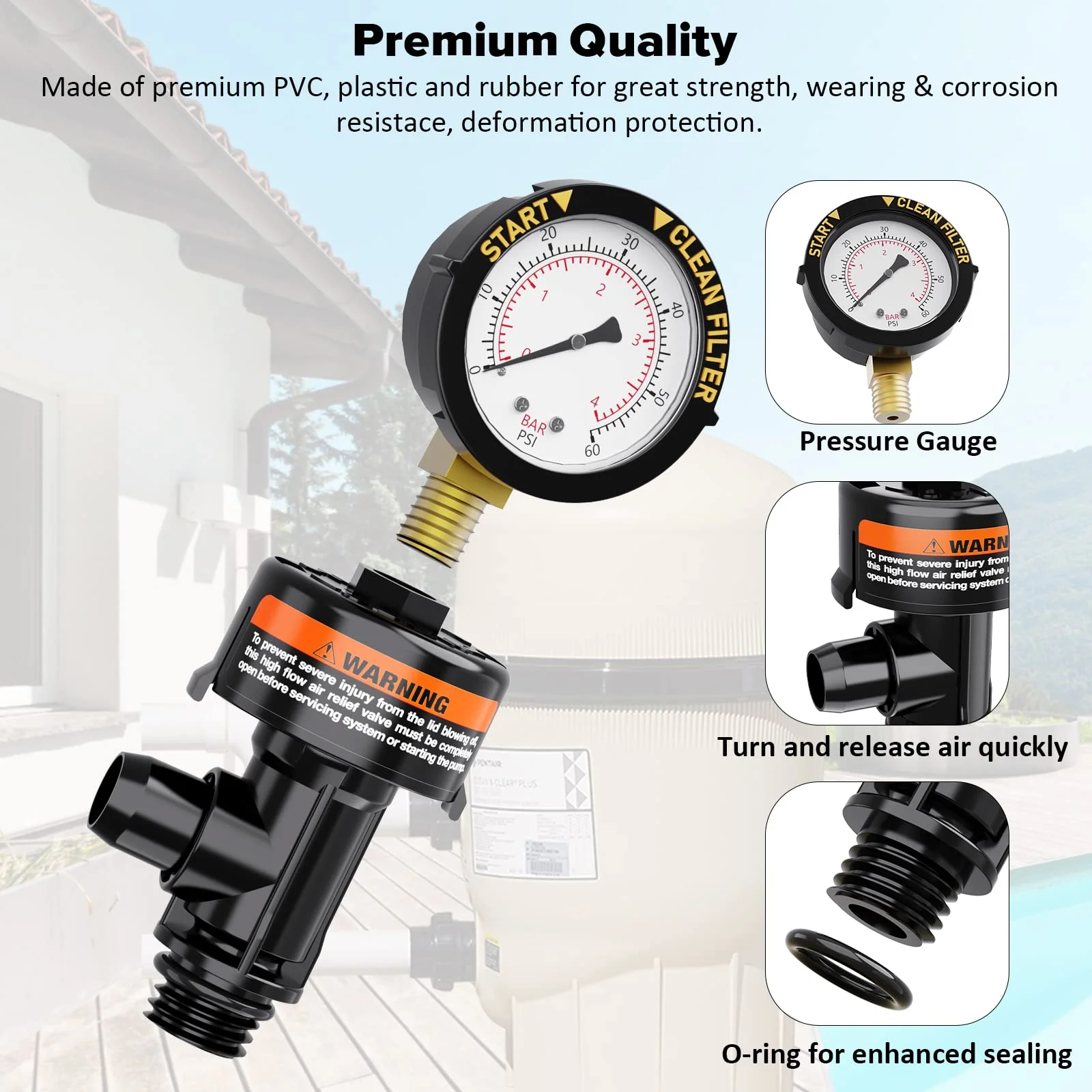 Manual Air Relief Valve for Pool and Spa Filters, Pool Filter Air Relief Valve with Pressure Gauge Replacement, Air Relief Valve for Pool Filter, Includes Gauge Plug, Pressure Gauge, O-Rings, Clips. - Image 3