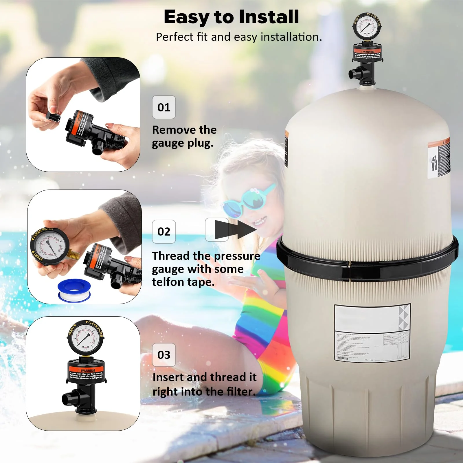 Manual Air Relief Valve for Pool and Spa Filters, Pool Filter Air Relief Valve with Pressure Gauge Replacement, Air Relief Valve for Pool Filter, Includes Gauge Plug, Pressure Gauge, O-Rings, Clips. - Image 6