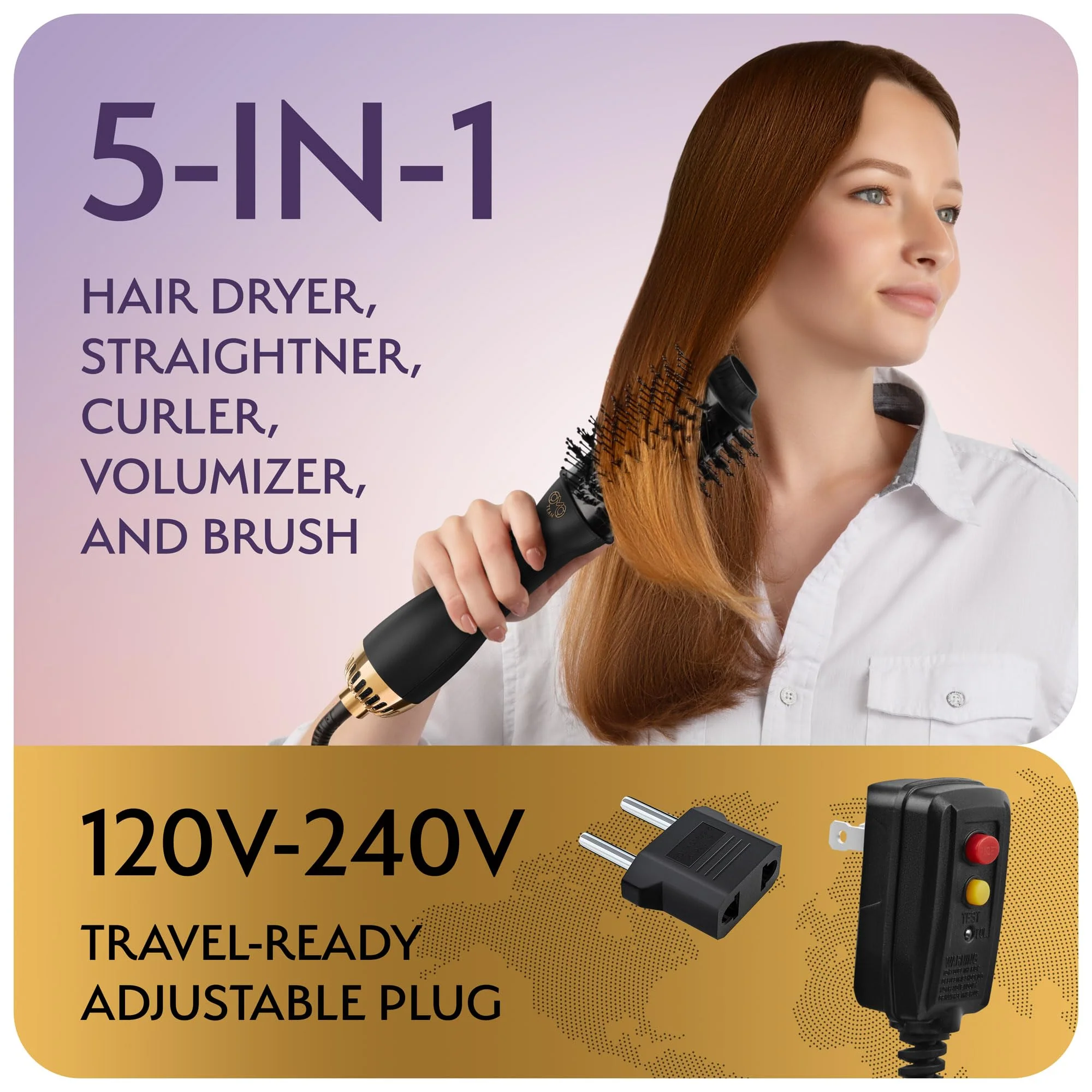 Manual Dual Voltage Blowout Hair Dryer Brush, Professional Hot Air Brush for European Travel 110V-120V/220V-240V, Black Gold Dryer and Volumizer for Women, 2.4 INCHES Oval Shape - Image 6