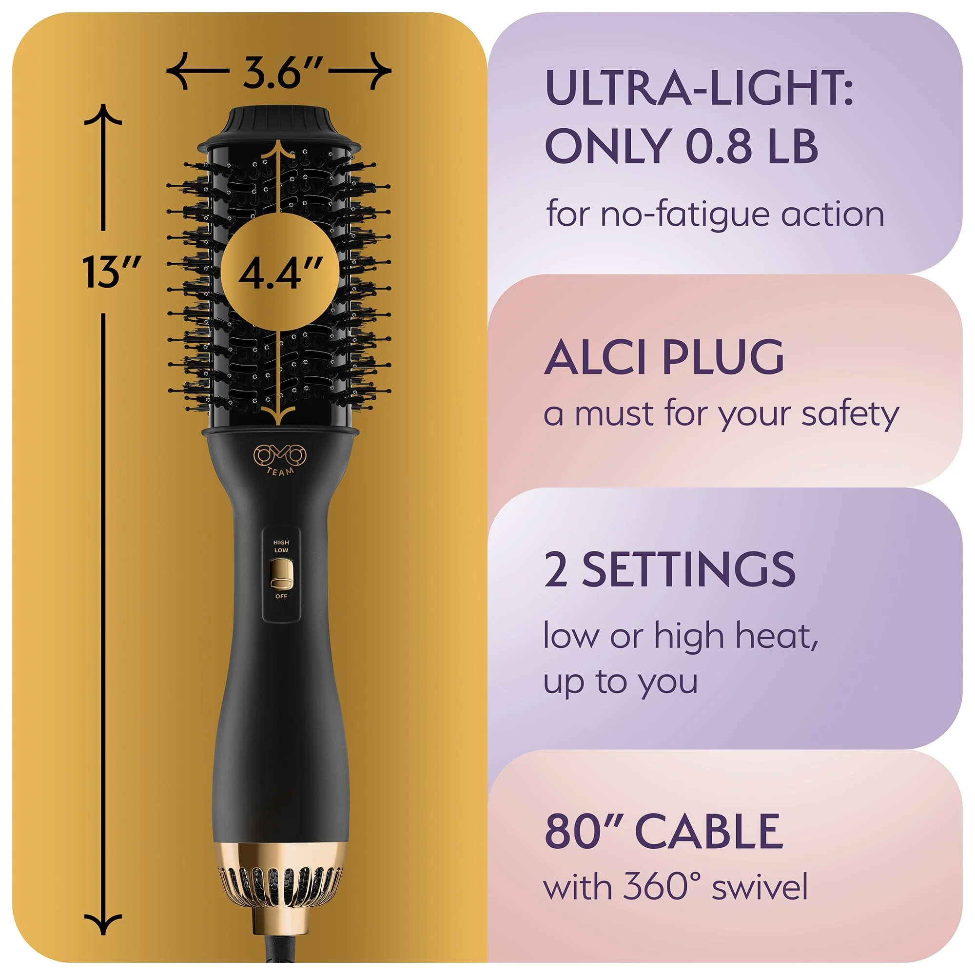 Manual Dual Voltage Blowout Hair Dryer Brush, Professional Hot Air Brush for European Travel 110V-120V/220V-240V, Black Gold Dryer and Volumizer for Women, 2.4 INCHES Oval Shape - Image 7