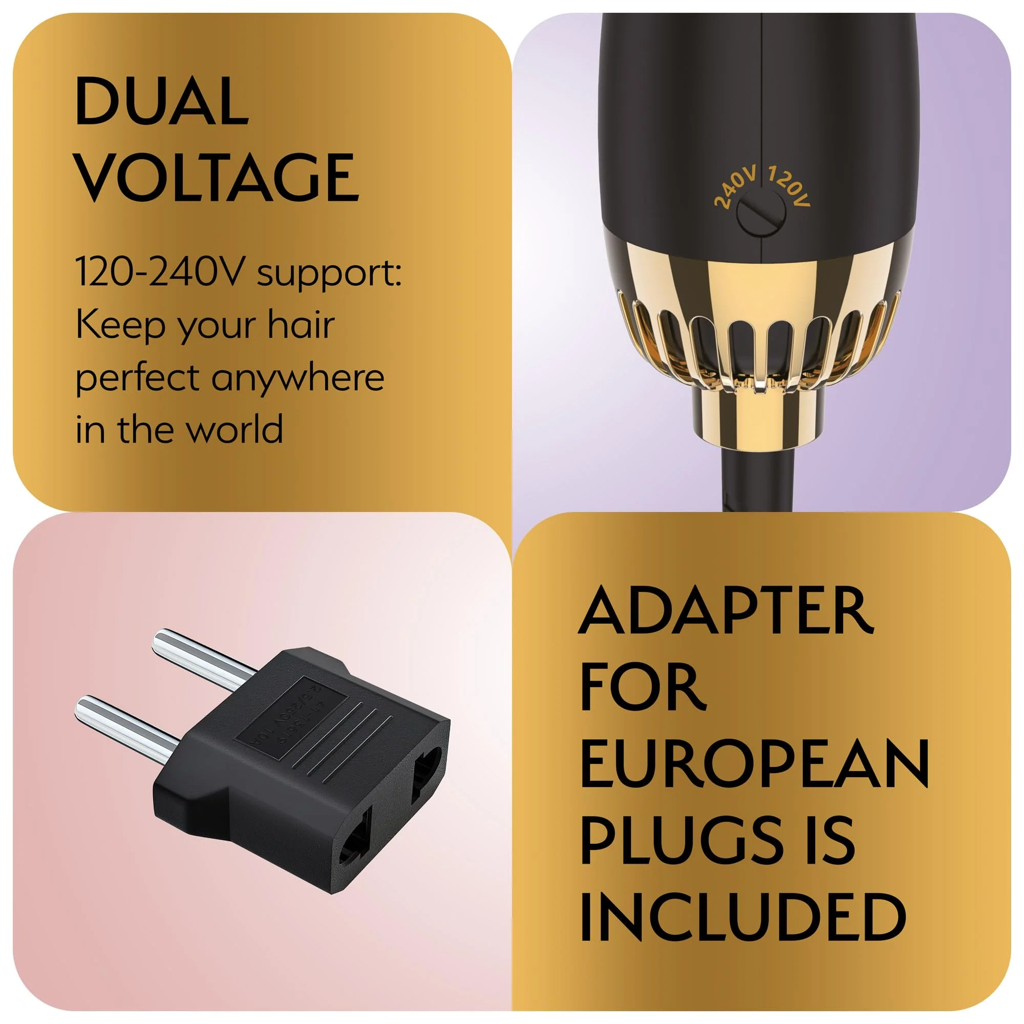 Manual Dual Voltage Blowout Hair Dryer Brush, Professional Hot Air Brush for European Travel 110V-120V/220V-240V, Black Gold Dryer and Volumizer for Women, 2.4 INCHES Oval Shape - Image 8