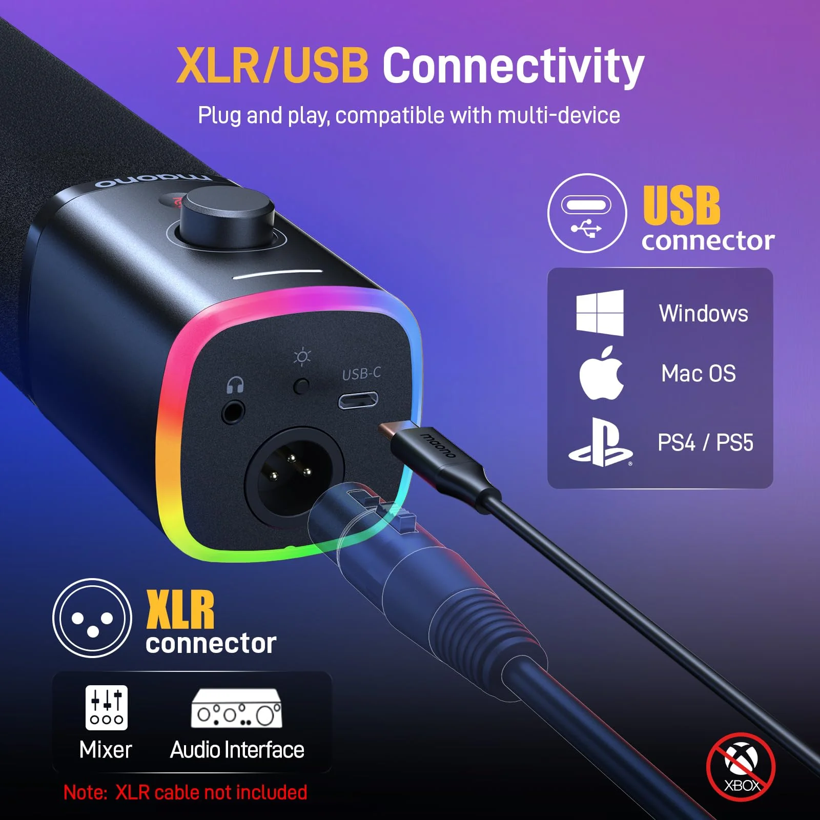 MAONO XLR/USB Gaming Microphone for PC, Dynamic Computer Mic for Streaming Podcasting, Noise Reduction, Mute, Volume Control, RGB Boom Mic for Vocal Recording,Voice-Over, PD100XS Black - Image 4