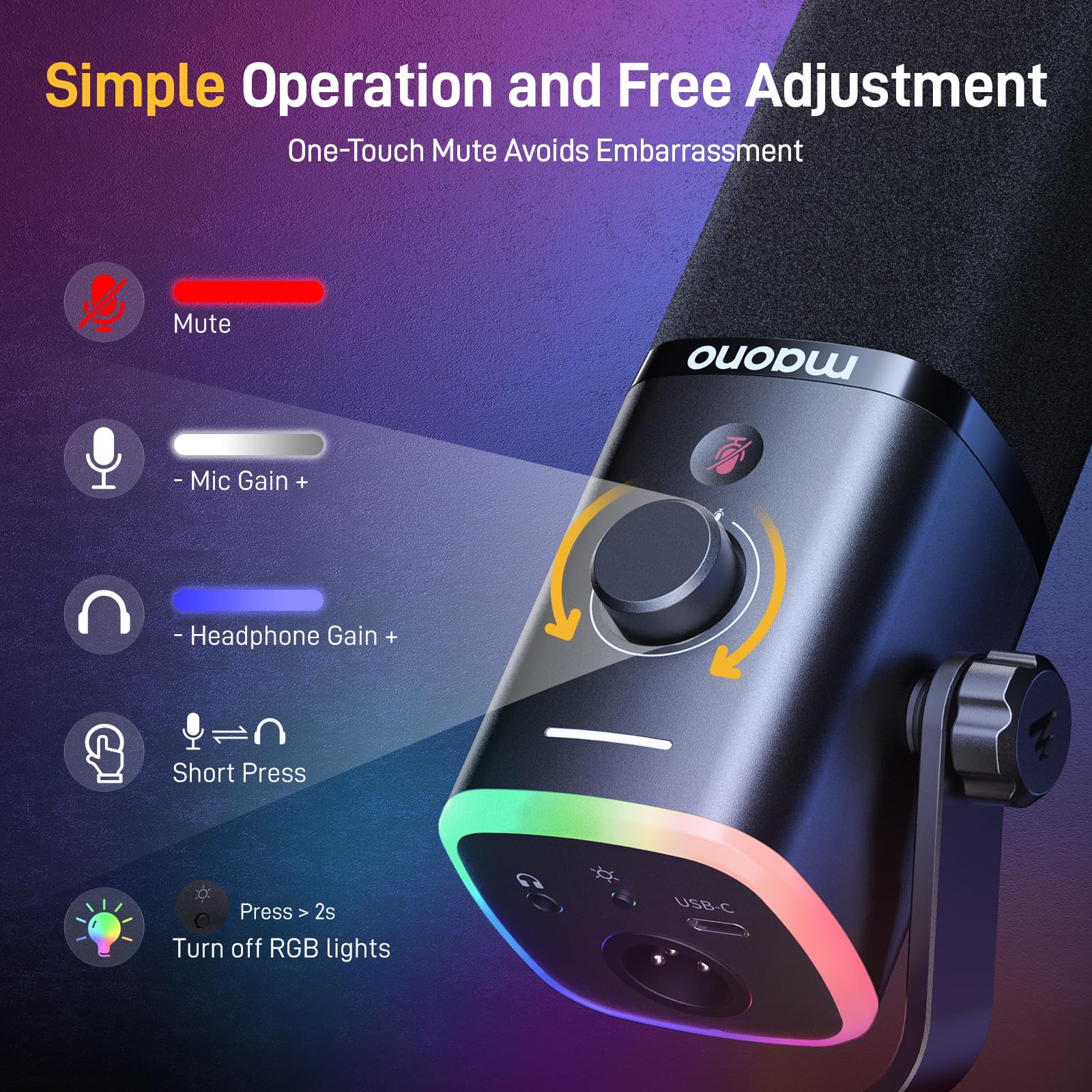 MAONO XLR/USB Gaming Microphone for PC, Dynamic Computer Mic for Streaming Podcasting, Noise Reduction, Mute, Volume Control, RGB Boom Mic for Vocal Recording,Voice-Over, PD100XS Black - Image 5