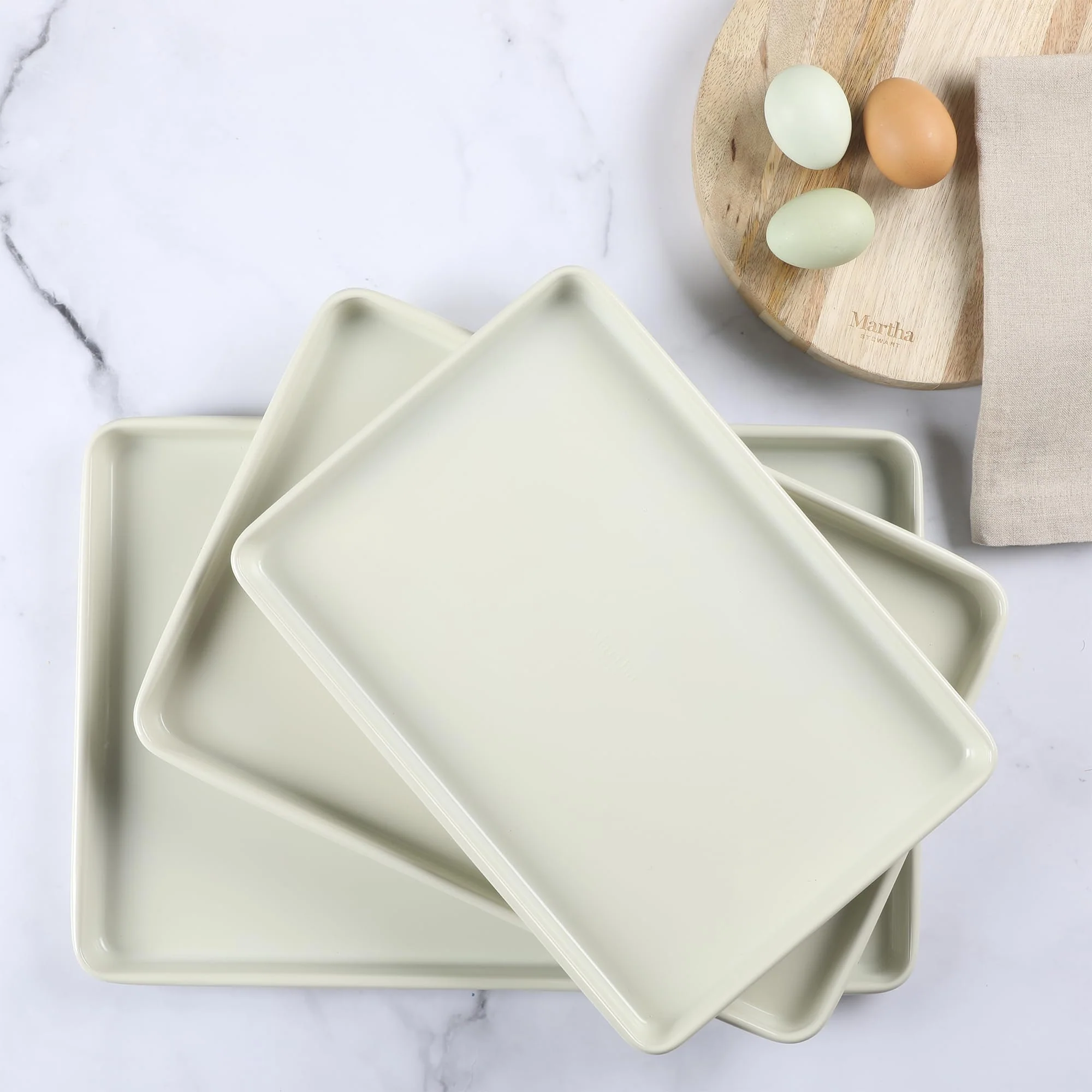 Martha Stewart Gallen 3-Piece Cookie Sheet Set – 13", 15", 17" Baking Pans, Ceramic Nonstick, PFA-Free, Carbon Steel – Oven Safe to 450°F, Warp-Resistant, Easy to Clean - Linen White - Image 2