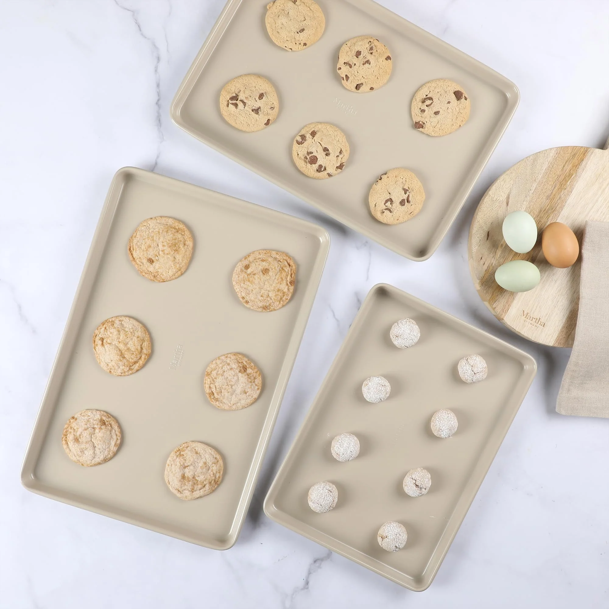 Martha Stewart Gallen 3-Piece Cookie Sheet Set – 13", 15", 17" Baking Pans, Ceramic Nonstick, PFA-Free, Carbon Steel – Oven Safe to 450°F, Warp-Resistant, Easy to Clean - Taupe - Image 3