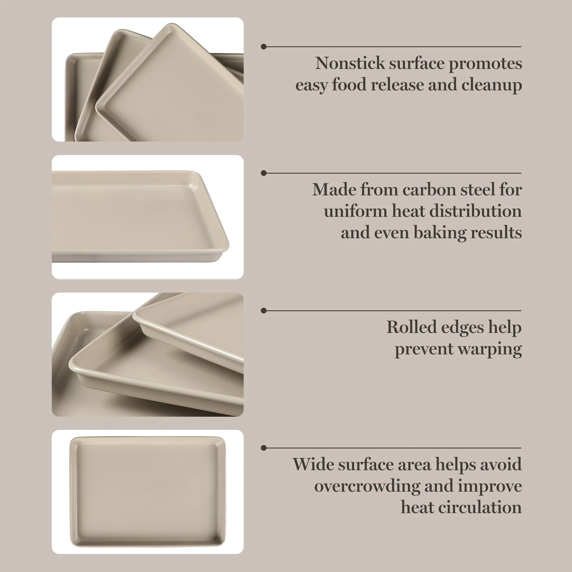 Martha Stewart Gallen 3-Piece Cookie Sheet Set – 13", 15", 17" Baking Pans, Ceramic Nonstick, PFA-Free, Carbon Steel – Oven Safe to 450°F, Warp-Resistant, Easy to Clean - Taupe - Image 4