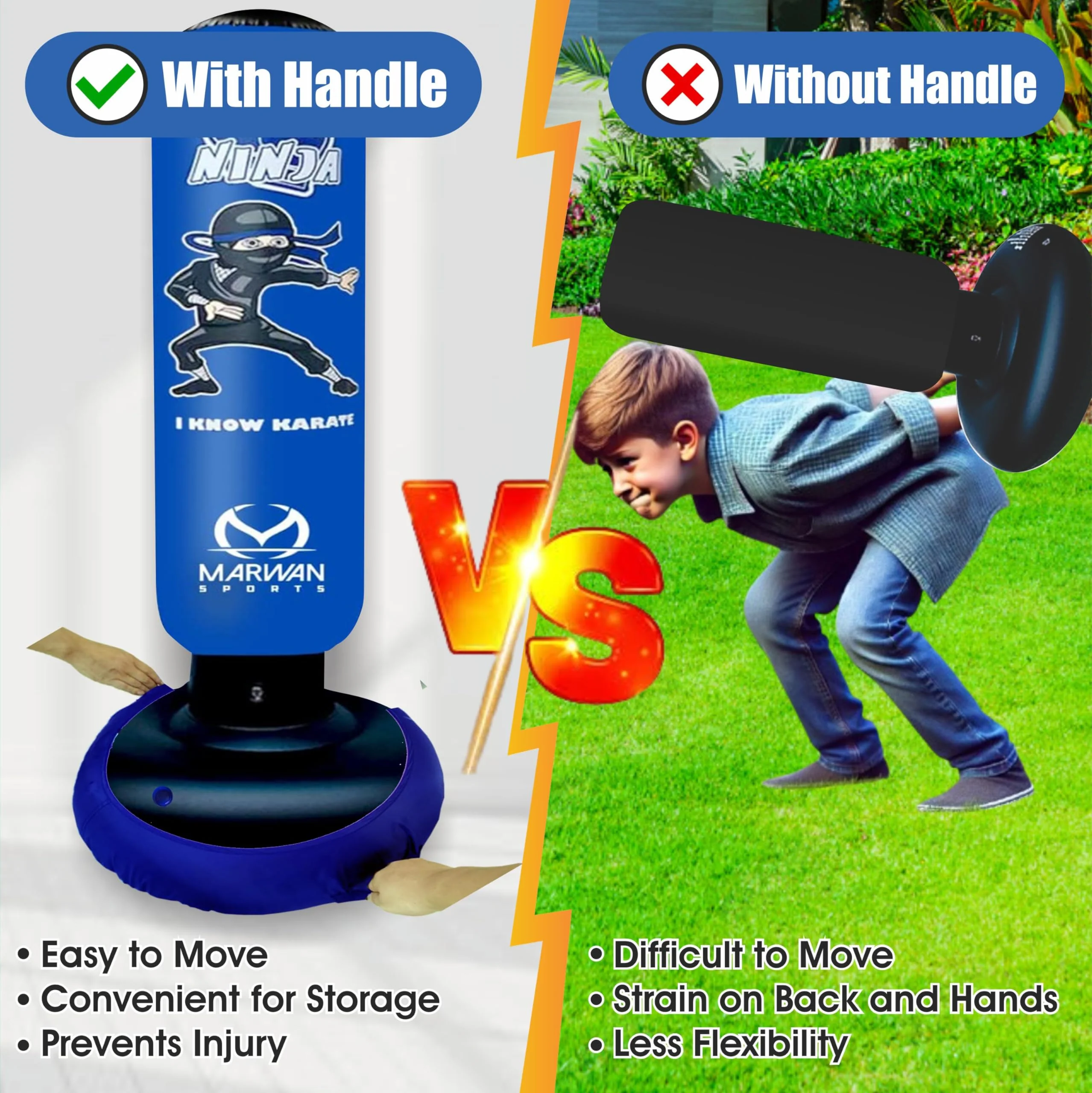 Marwan Sports 5-in-1 Kids Punching Bag Set with Gloves, Pump & Funnel – 63” Inflatable Boxing Bag for Kids 4-12, Durable PVC, Fast Rebound, Waterproof Base Cover with Handles, Gift for Boys & Girls - Image 2