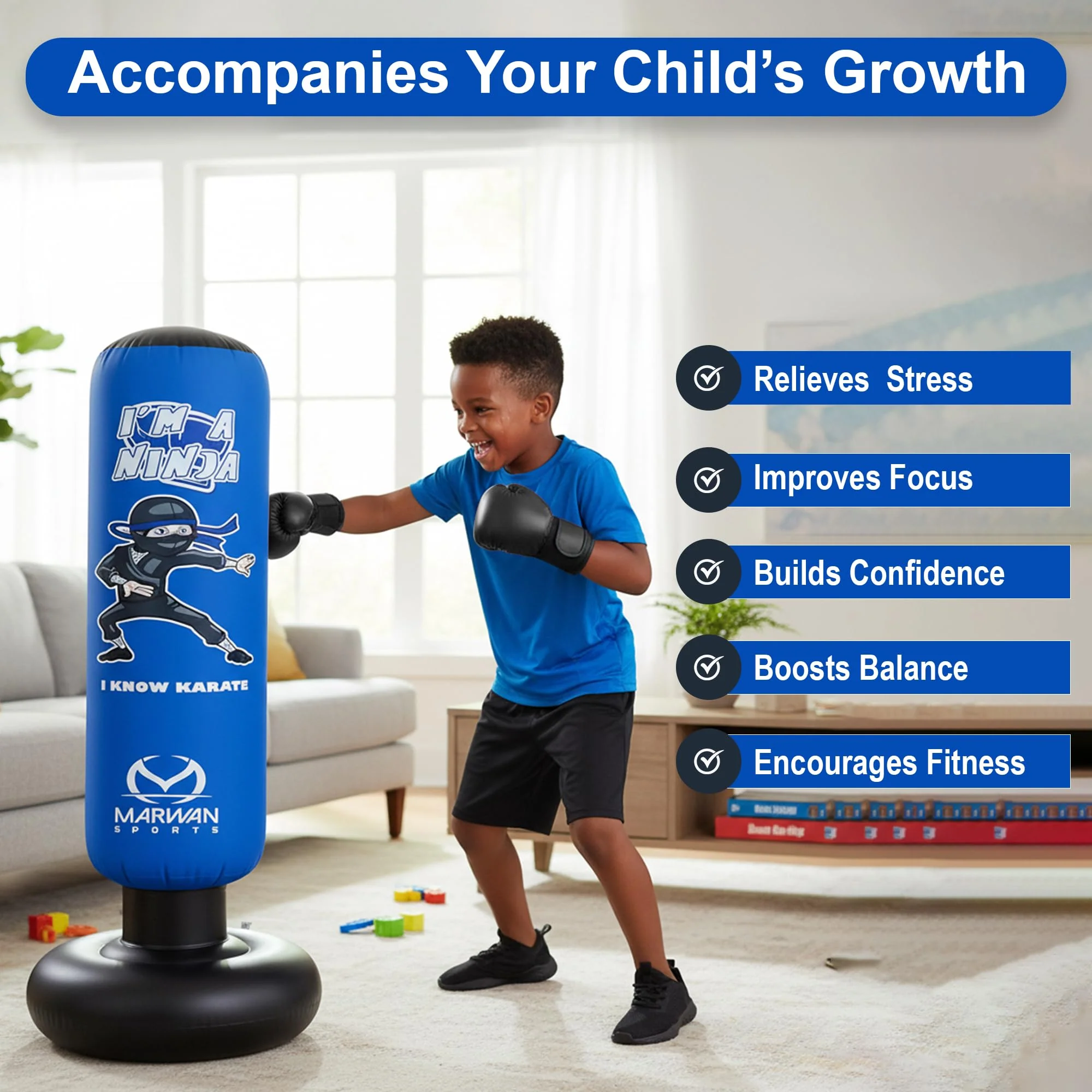 Marwan Sports 5-in-1 Kids Punching Bag Set with Gloves, Pump & Funnel – 63” Inflatable Boxing Bag for Kids 4-12, Durable PVC, Fast Rebound, Waterproof Base Cover with Handles, Gift for Boys & Girls - Image 8