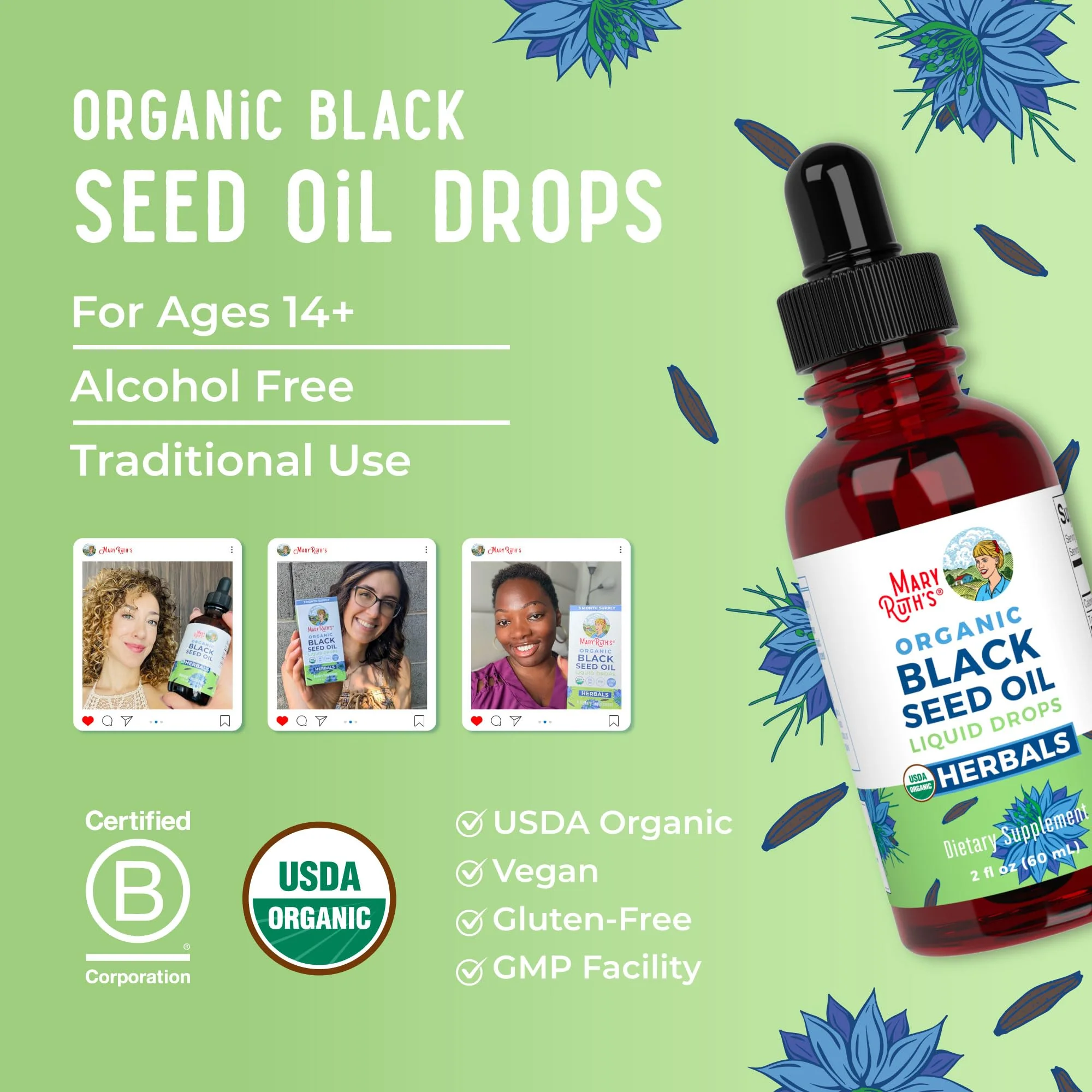 MaryRuth Organics Black Seed Oil Liquid Drops Cold Pressed | 3 Month Supply | USDA Organic Black Cumin Seed Oil | Immune Support | Respiratory Health | Sugar&Gluten Free | Vegan | Non-GMO | 2 Fl Oz - Image 3